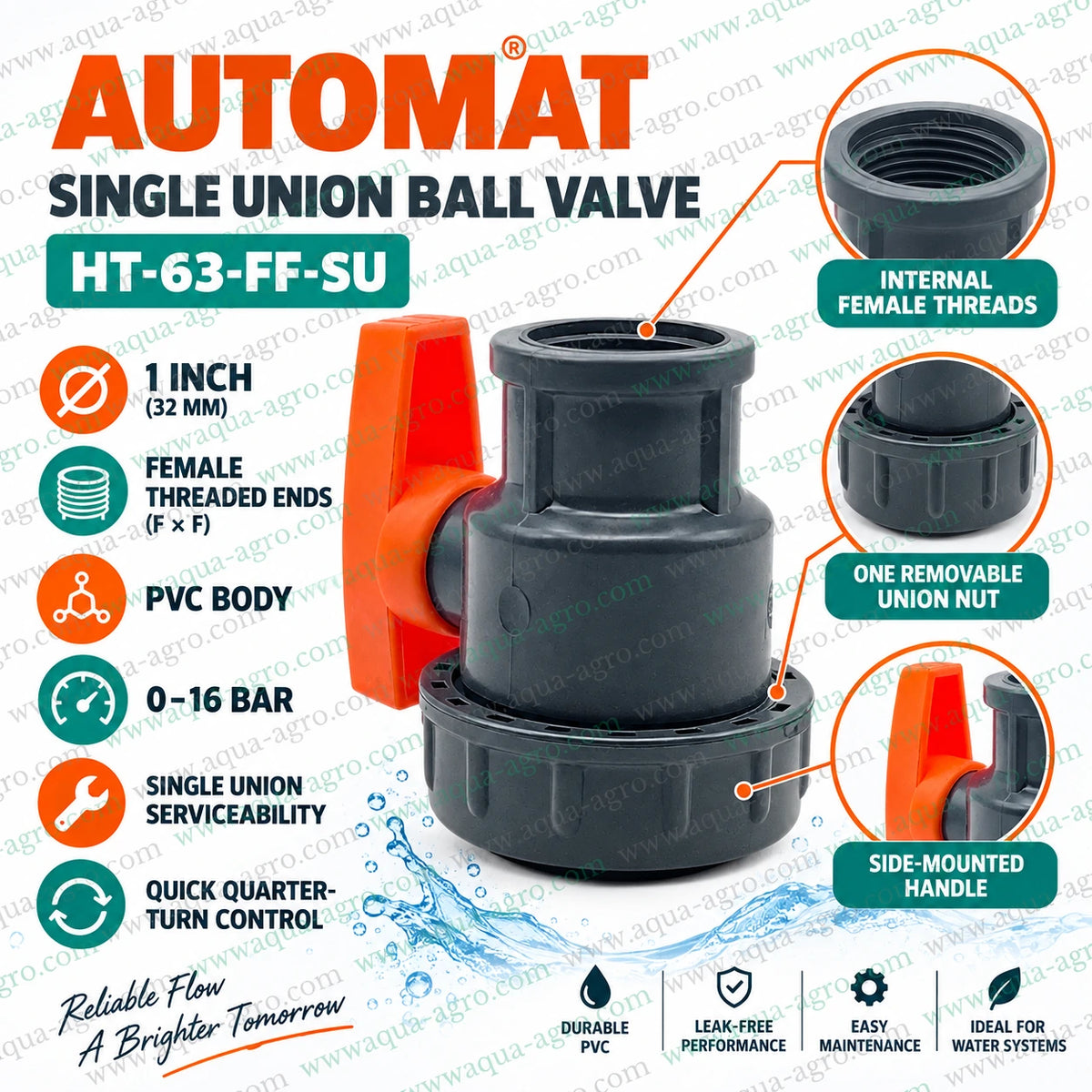 AUTOMAT HT-63-FF-SU single union PVC ball valve 1 inch 32mm female threaded FxF irrigation valve 0 to 16 bar product specification