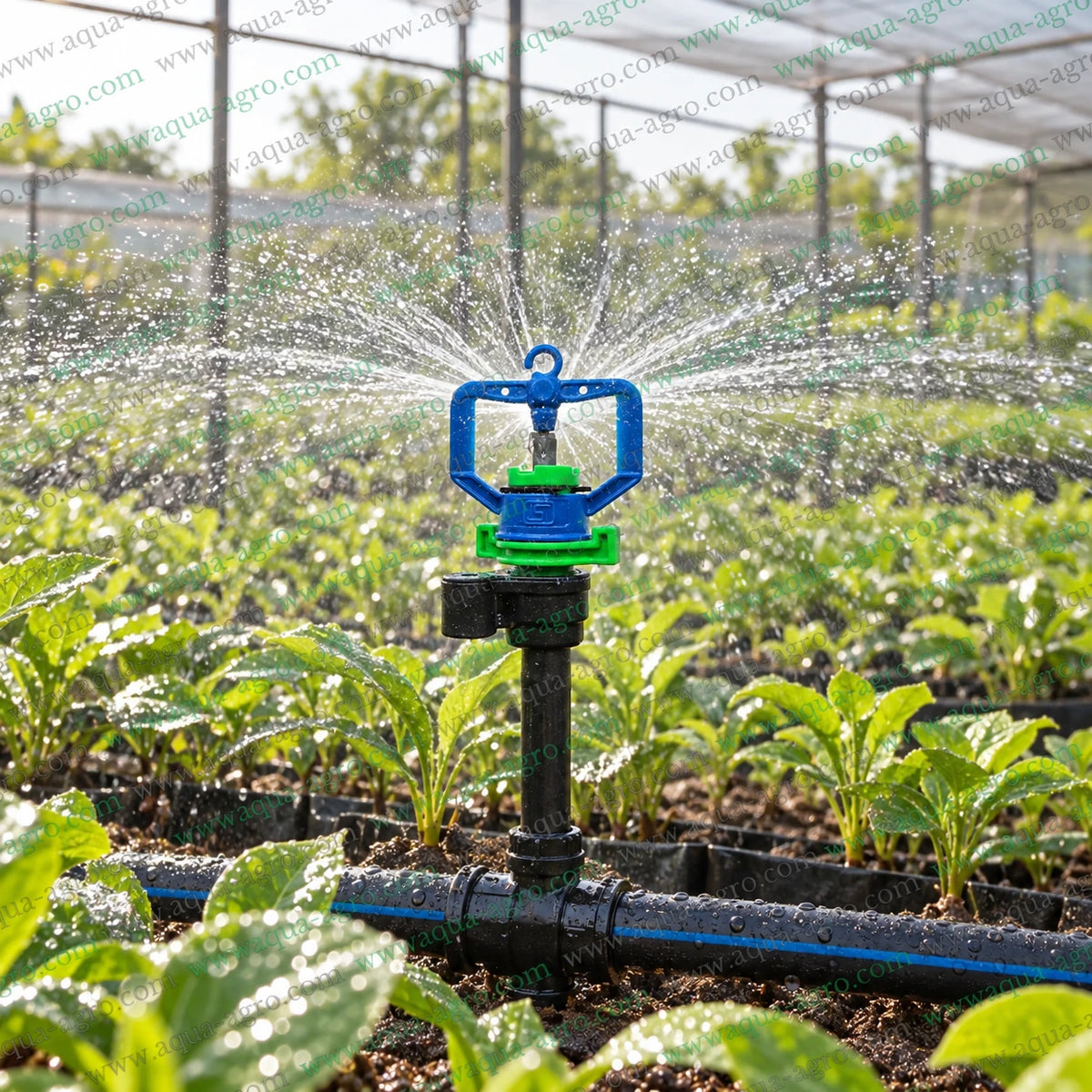 AUTOMAT Aquamic Excel HT-211 green micro sprinkler operating in nursery with 360 degree full circle water spray 10 to 15 feet radius 6mm micro thread inlet for garden farm and agricultural irrigation