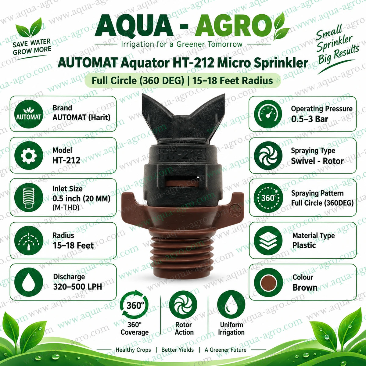 AUTOMAT Aquator HT-212 brown micro sprinkler 15 to 18 feet radius 320 to 500 LPH 0.5 inch 20mm male threaded inlet full circle 360 degree swivel rotor irrigation sprinkler