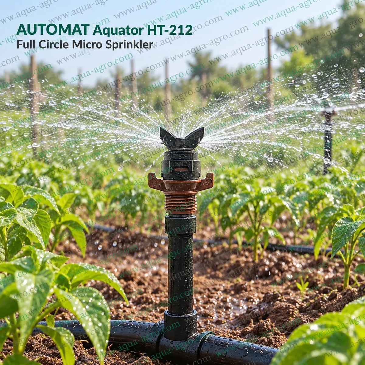 AUTOMAT Aquator HT-212 brown micro sprinkler operating with full circle 360 degree water spray 15 to 18 feet radius for farm nursery greenhouse and agricultural irrigation