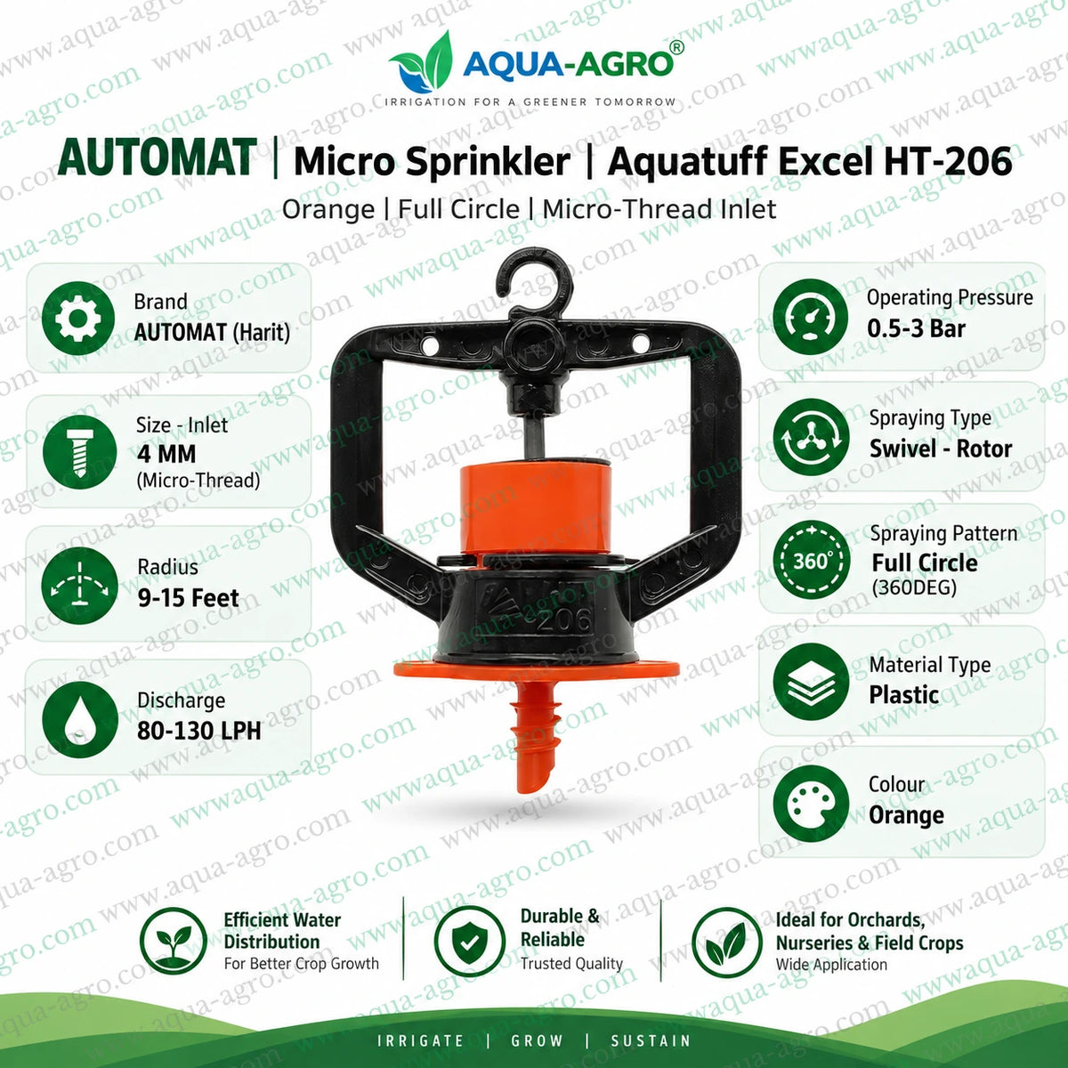 AUTOMAT Aquatuff Excel HT-206 orange micro sprinkler 9 to 15 feet radius 80 to 130 LPH discharge 4mm micro threaded inlet full circle 360 degree irrigation sprinkler