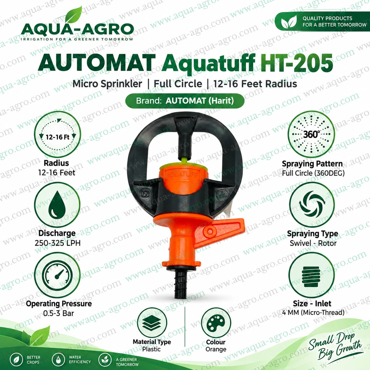 AUTOMAT Aquatuff HT-205 orange micro sprinkler 4mm micro thread inlet 250 to 325 LPH discharge 0.5 to 3 bar pressure full circle irrigation sprinkler