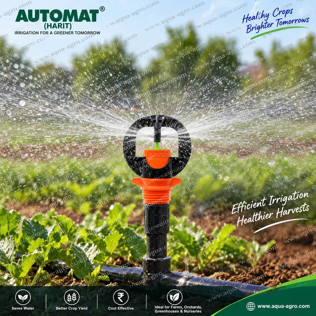 AUTOMAT Aquatuff HT-205 orange micro sprinkler operating in agricultural field with full circle 360 degree water spray for farm orchard greenhouse and nursery irrigation