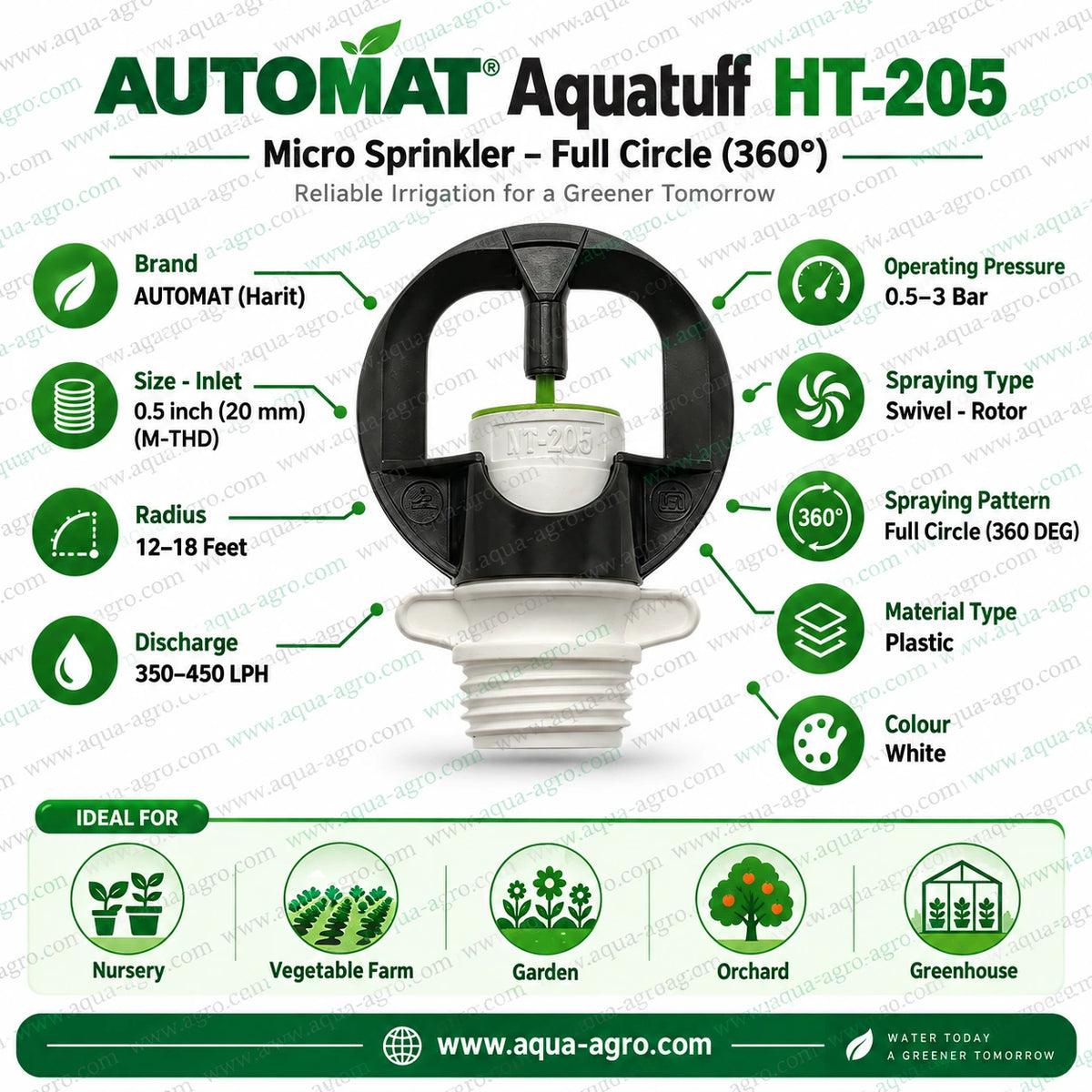 AUTOMAT Aquatuff HT-205 white micro sprinkler 12 to 18 feet radius 350 to 450 LPH discharge 0.5 to 3 bar pressure 0.5 inch 20mm male threaded full circle sprinkler