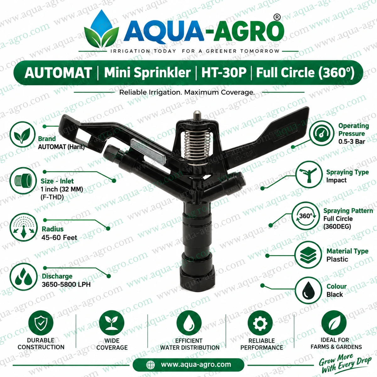 AUTOMAT HT-30P full circle impact mini sprinkler operating in agricultural crop field with 360 degree water spray 45 to 60 feet radius 3650 to 5800 LPH discharge 1 inch 32mm female threaded inlet for farm crop and field irrigation