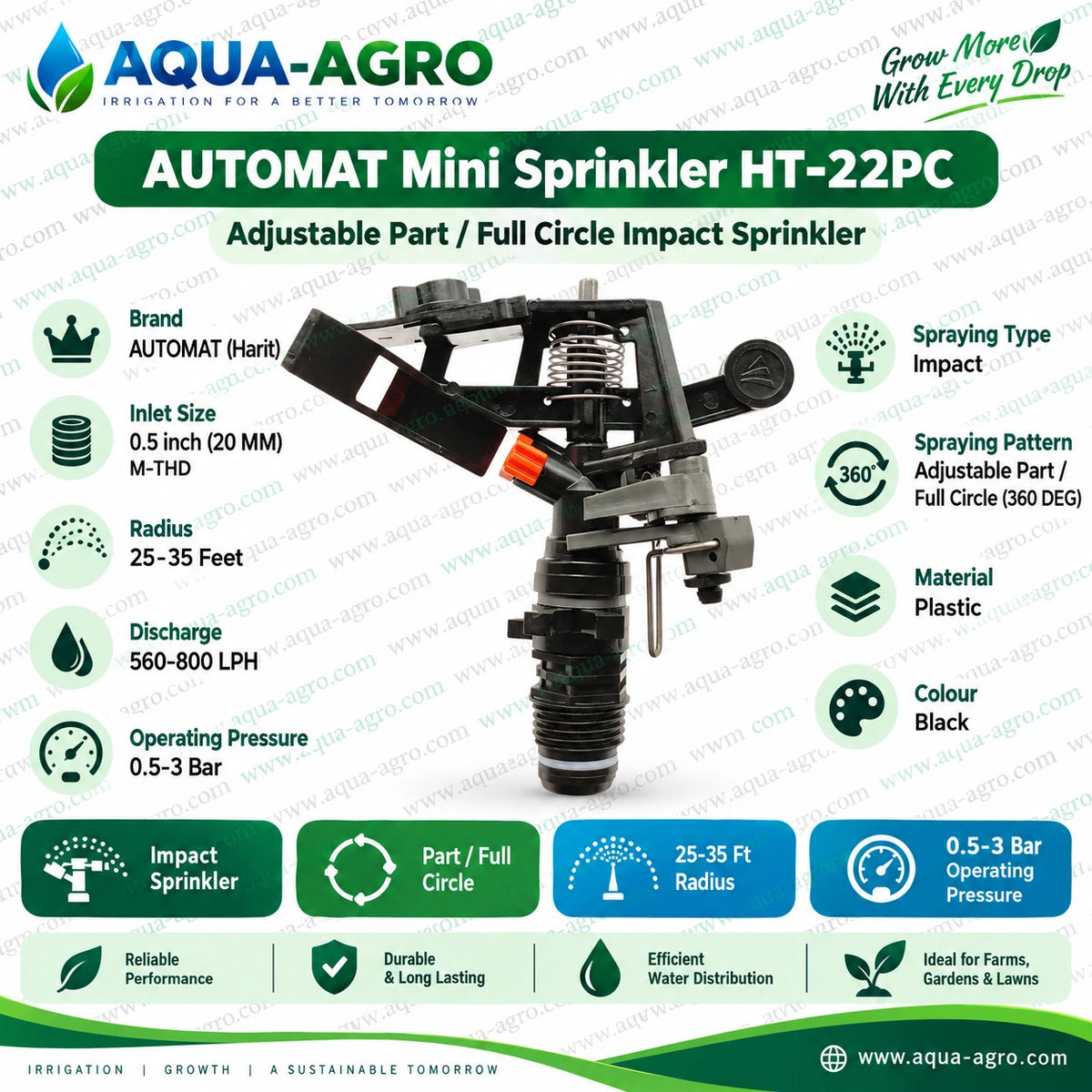 AUTOMAT HT-22PC adjustable mini impact sprinkler part or full circle 360 degree 25 to 35 feet radius 560 to 800 LPH discharge 0.5 to 3 bar operating pressure 0.5 inch 20mm male threaded inlet plastic sprinkler for farm garden lawn and agricultural irrigation
