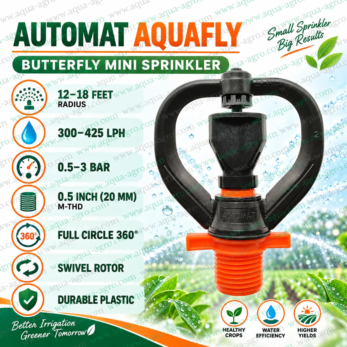 AUTOMAT Aquafly butterfly mini sprinkler orange full circle 360 degree with 12 to 18 feet spray radius 300 to 425 LPH discharge 0.5 to 3 bar operating pressure 0.5 inch 20mm male threaded inlet for farm garden and landscape irrigation