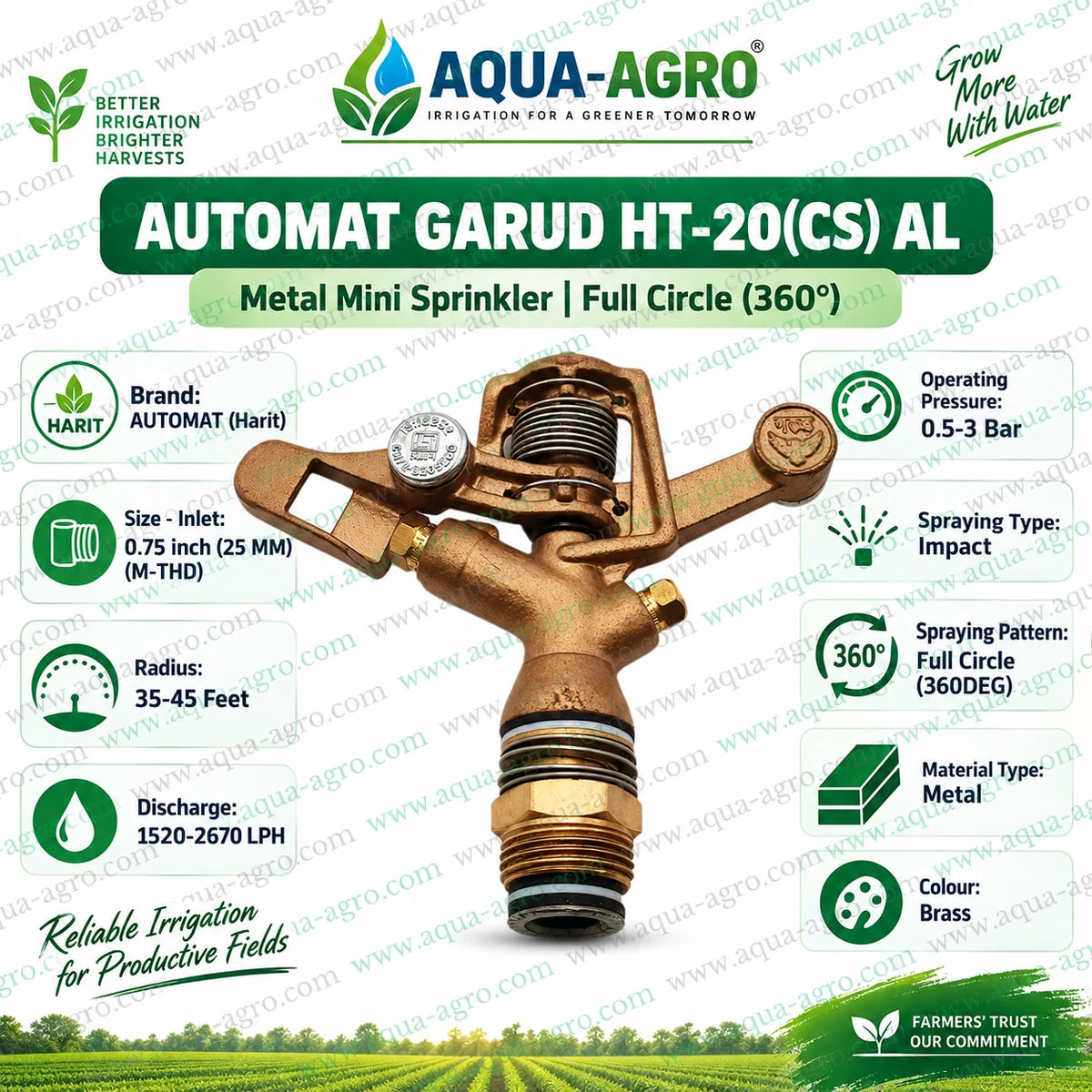 AUTOMAT GARUD HT-20 CS AL brass metal impact sprinkler operating in agricultural crop field with full circle 360 degree water spray 35 to 45 feet radius 1520 to 2670 LPH discharge 0.75 inch 25mm male threaded sprinkler for farm and field irrigation