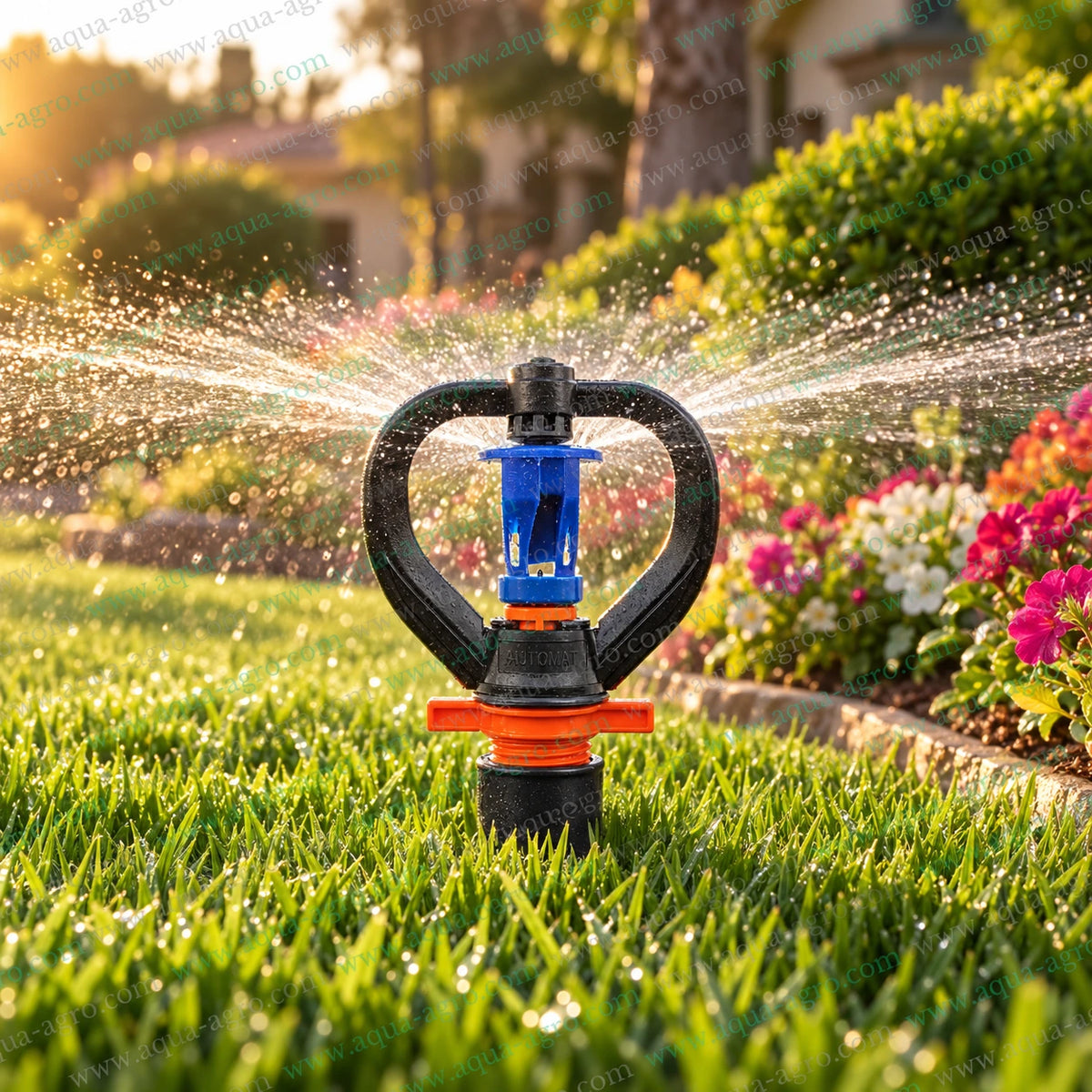 AUTOMAT Aquafly Premium HT-220-P butterfly mini sprinkler watering green lawn and flower garden with full circle 360 degree uniform water coverage 12 to 18 feet radius 300 to 425 LPH flow 0.5 inch 20mm male threaded sprinkler for lawn garden landscape and farm irrigation
