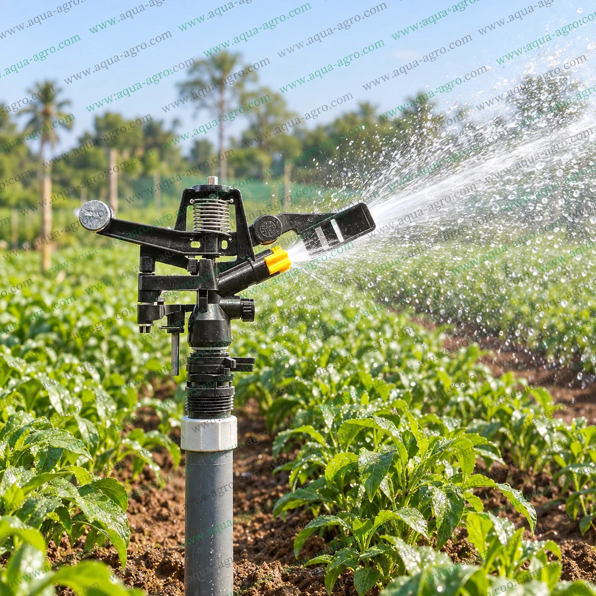 AUTOMAT SAARAS HT-46 part circle impact mini sprinkler operating in agricultural crop field with adjustable water spray 25 to 35 feet radius 920 to 1820 LPH discharge 0.75 inch 25mm male threaded inlet for farm crop garden and landscape irrigation