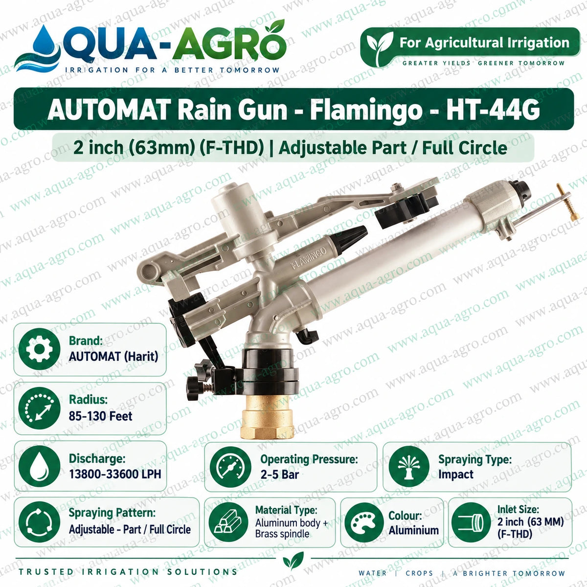 AUTOMAT Flamingo HT-44G Impact Rain Gun Sprinkler with 2 Inch Female Threaded Inlet Adjustable Part and Full Circle Coverage 13800 to 33600 LPH Discharge and Aluminium Body for Agricultural Irrigation