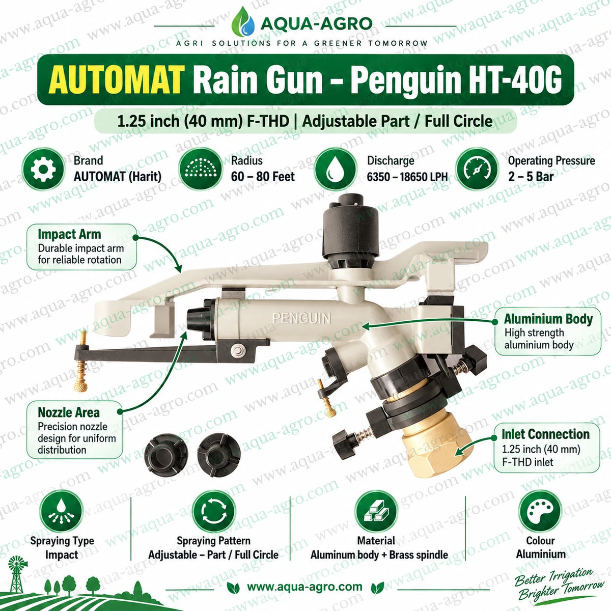 AUTOMAT Penguin HT-40G Aluminium Rain Gun Sprinkler with 1.25 Inch Female Threaded Inlet 60 to 80 Feet Spray Radius 6350 to 18650 LPH Discharge and Adjustable Part or Full Circle Coverage for Agricultural Irrigation