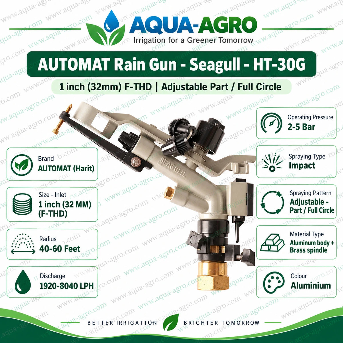 AUTOMAT Seagull HT-30G Aluminium Rain Gun Sprinkler with 1 Inch Female Threaded Inlet 40 to 60 Feet Spray Radius Adjustable Part and Full Circle Coverage for Agricultural Irrigation