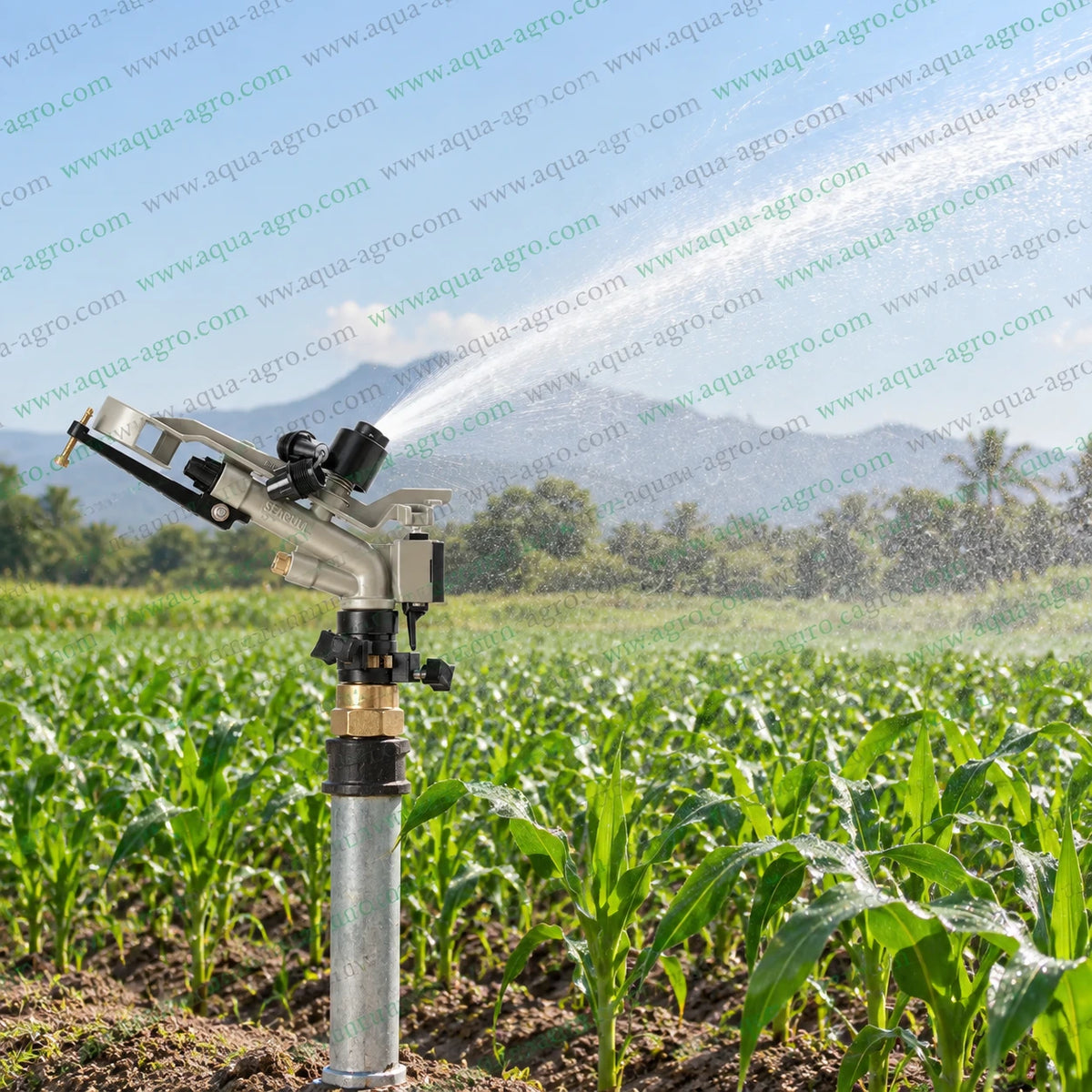 AUTOMAT Seagull HT-30G Impact Rain Gun Sprinkler Installed on Metal Riser Pipe Spraying Water Across Agricultural Crop Field with Adjustable Part and Full Circle Irrigation Coverage