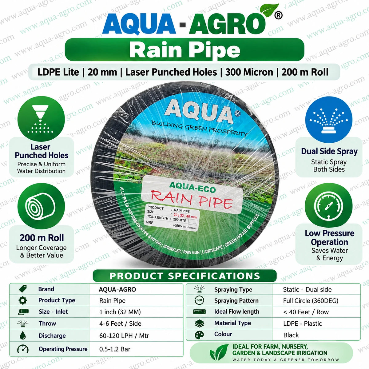 AQUA-AGRO 20mm LDPE Lite Rain Pipe 300 Micron Thickness 200 Meter Roll with Laser Punched Holes Dual Side Water Spray 4 to 6 Feet Throw and Low Pressure Irrigation for Agricultural Farming
