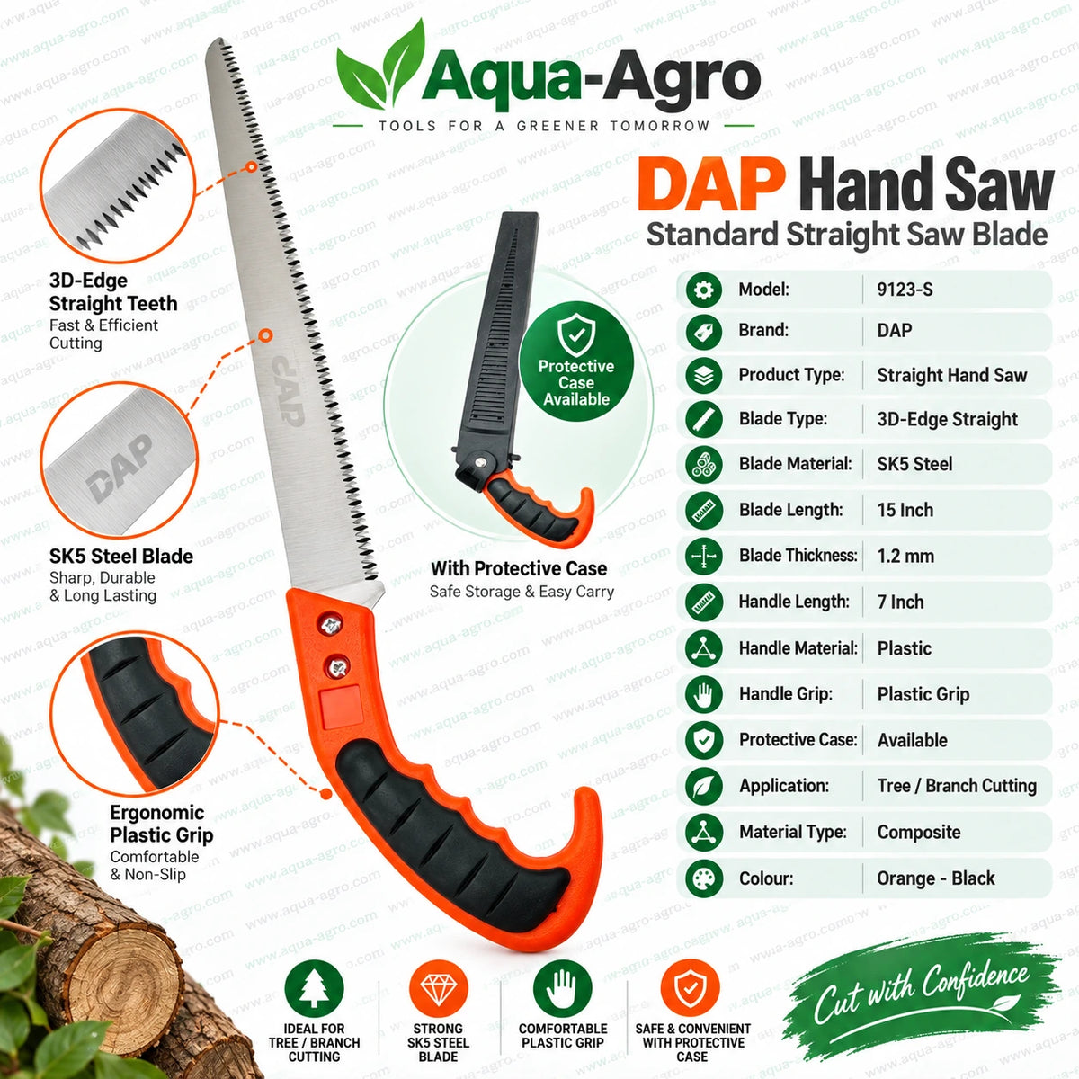 DAP 9123-S straight hand saw with 15 inch SK5 steel 3D edge straight blade 1.2 mm thickness ergonomic 7 inch plastic grip and protective case for tree and branch cutting