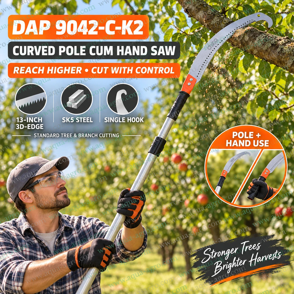 DAP 9042-C-K2 curved pole saw with 13 inch 3D edge SK5 steel blade single hook cutting high tree branches in orchard