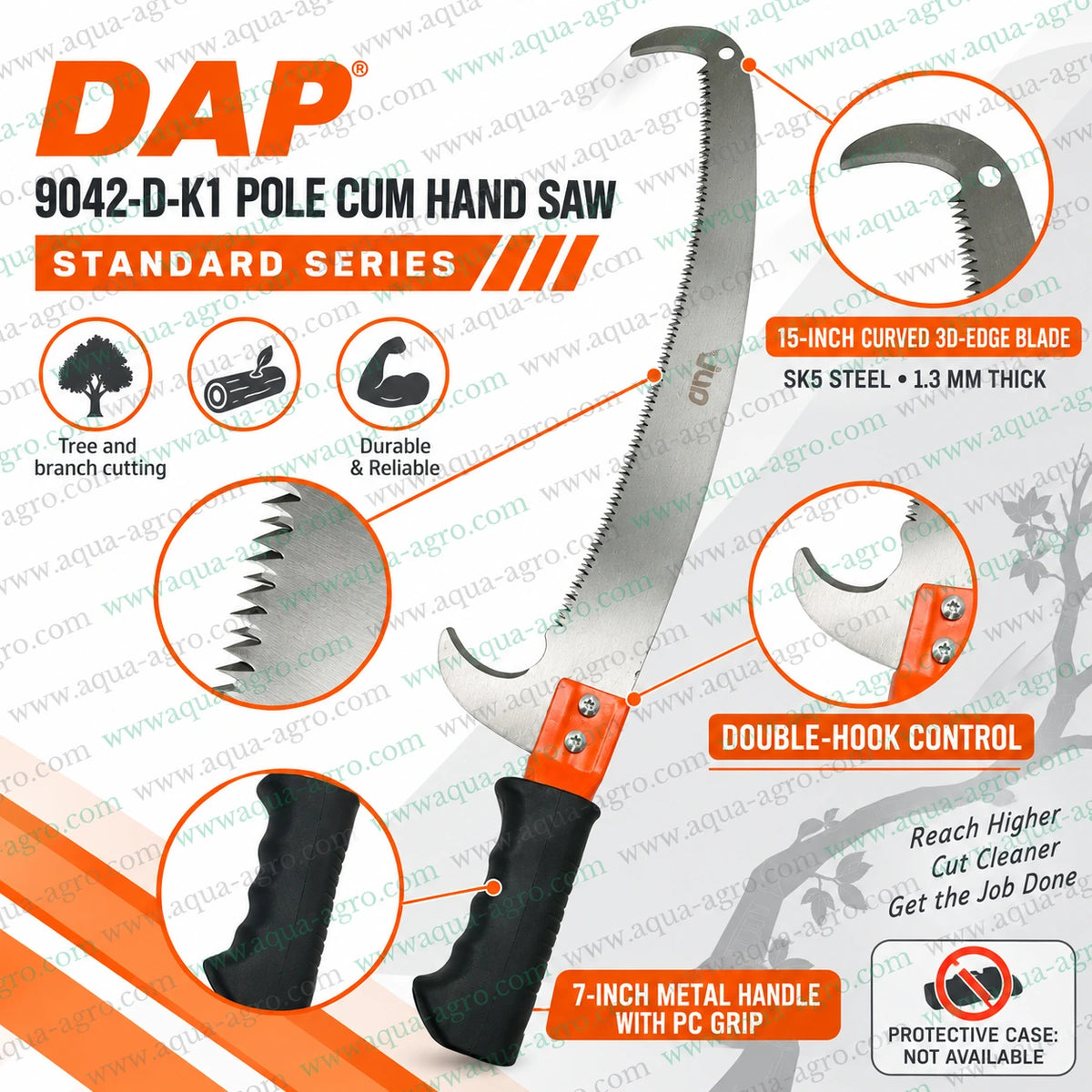 DAP 9042-D-K1 standard curved pole cum hand saw with 15 inch 3D edge SK5 steel blade double hook control and 7 inch grip for tree pruning