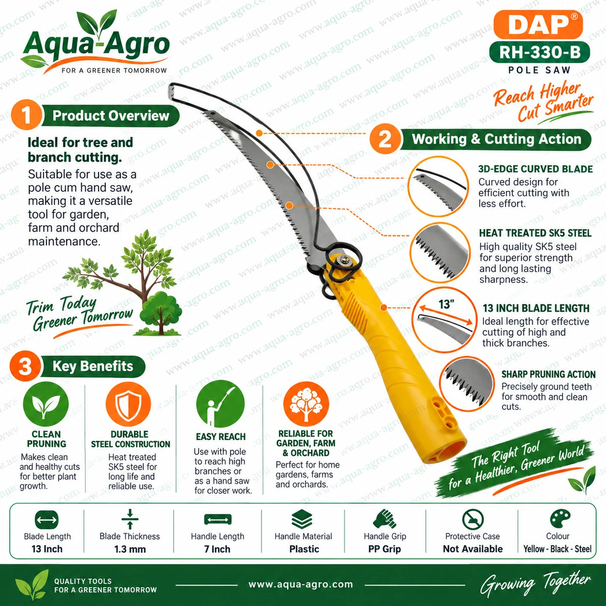 DAP RH-330-B professional pole saw with curved 13 inch heat treated SK5 steel blade 1.3 mm thickness yellow PP grip handle for tree and branch pruning