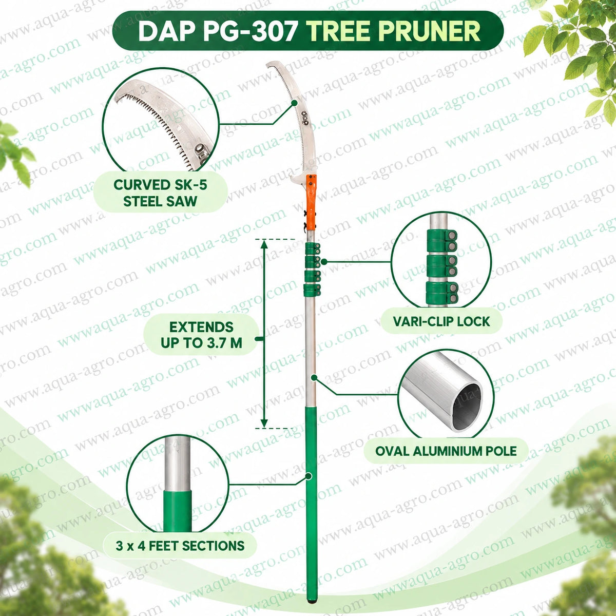 DAP PG-307 tree pruner with curved SK5 steel saw vari clip lock 3 section oval aluminium telescopic pole extendable up to 3.7 metre for tree pruning