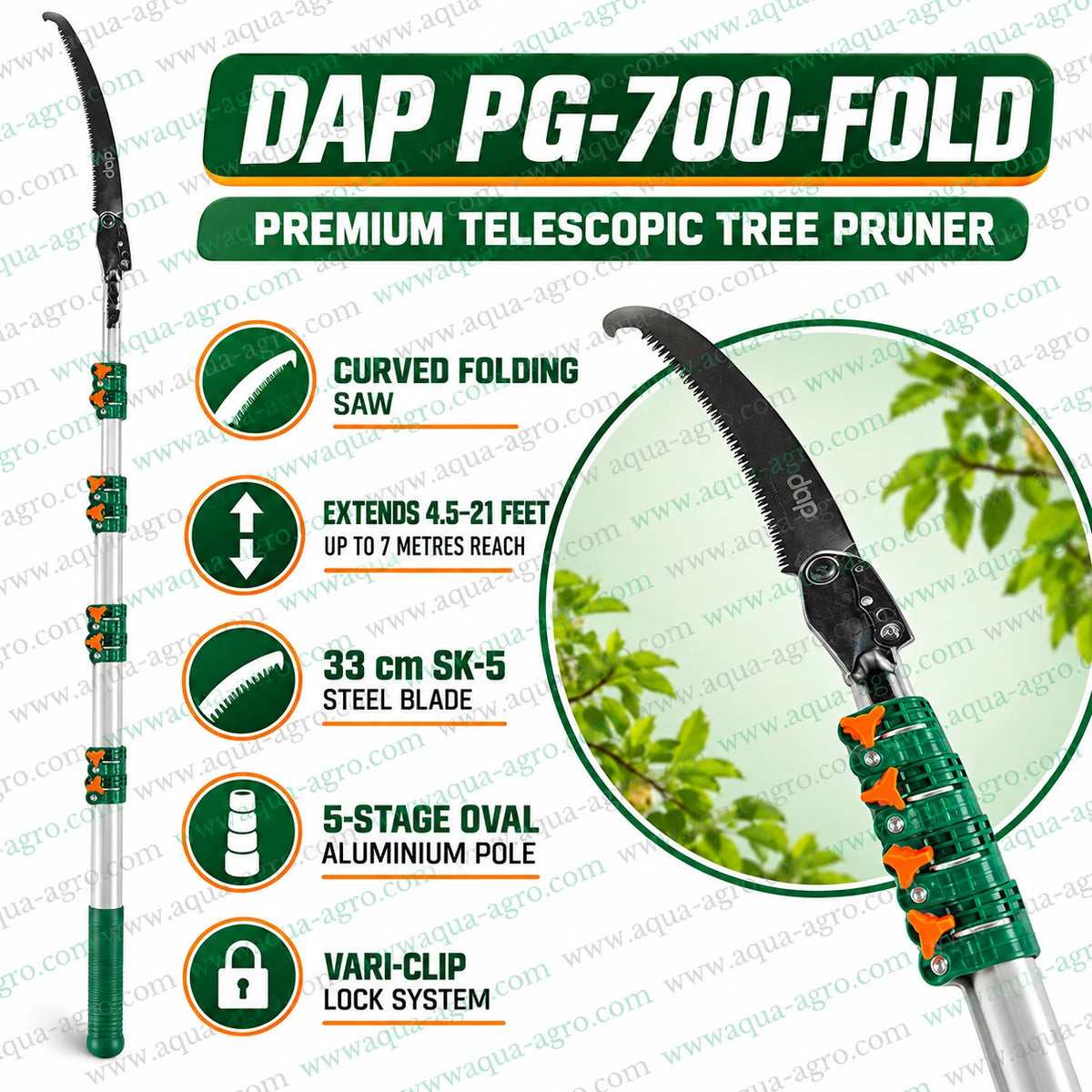 DAP PG-700 premium tree pruner with 33 cm SK5 steel curved folding saw 5 stage oval aluminium telescopic pole 4.5 to 21 feet and vari clip locking system