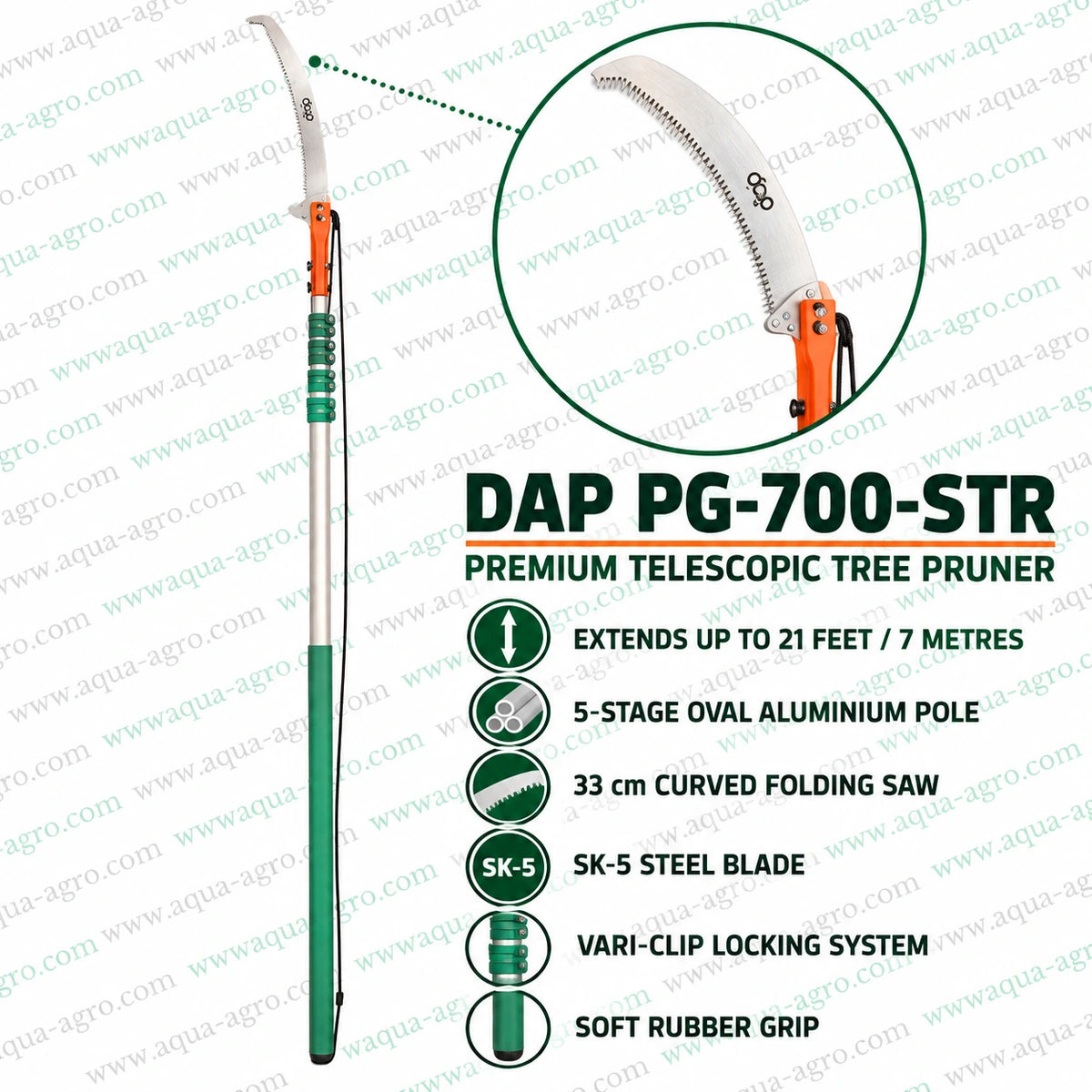DAP PG-700-STR premium telescopic tree pruner with 7 metre 21 feet 5 stage oval aluminium pole 33 cm curved SK-5 steel saw vari clip locking system and soft rubber grip
