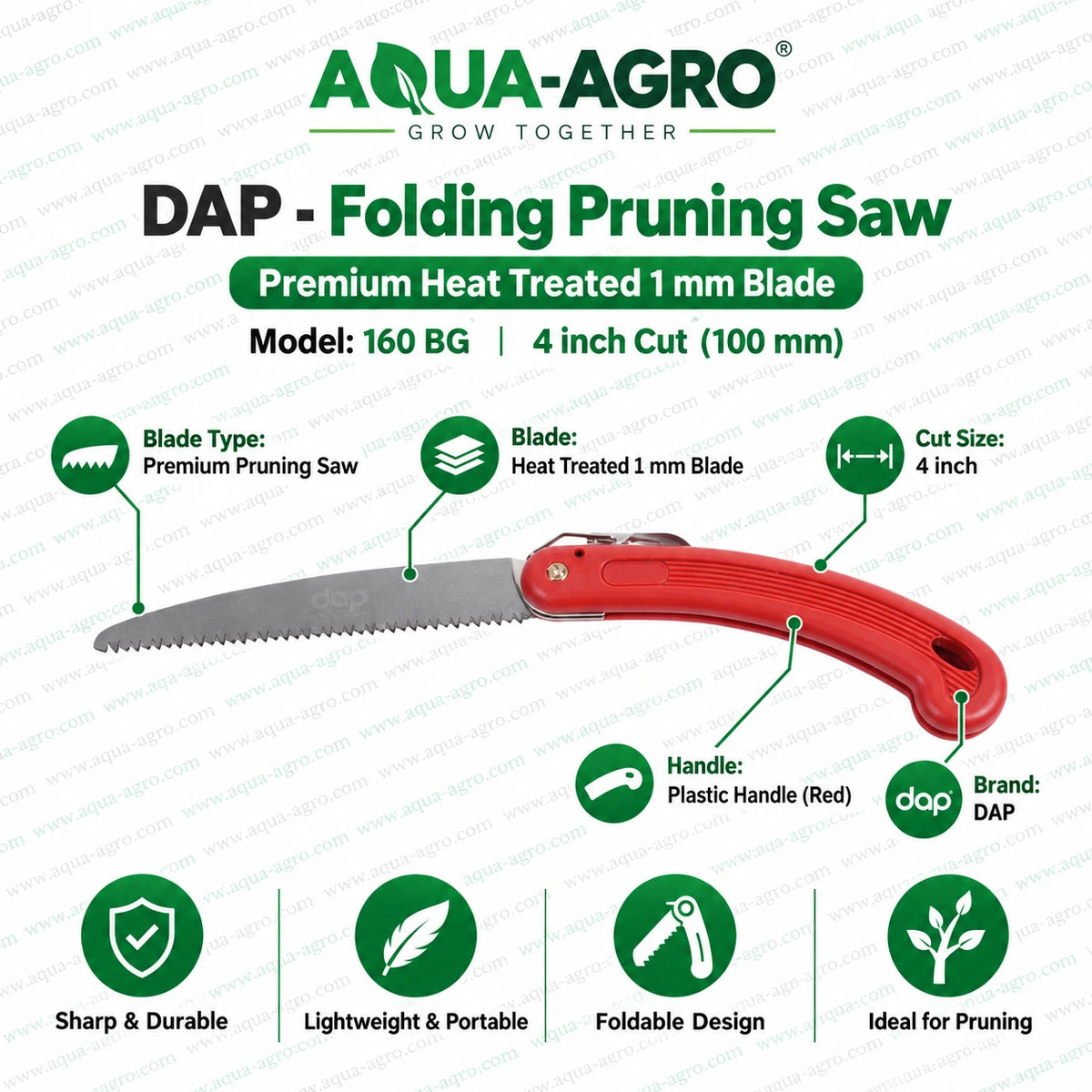 DAP 160 BG premium folding pruning saw with sharp heat treated 1 mm blade red ergonomic handle foldable lightweight design for tree branch cutting garden orchard and landscaping use