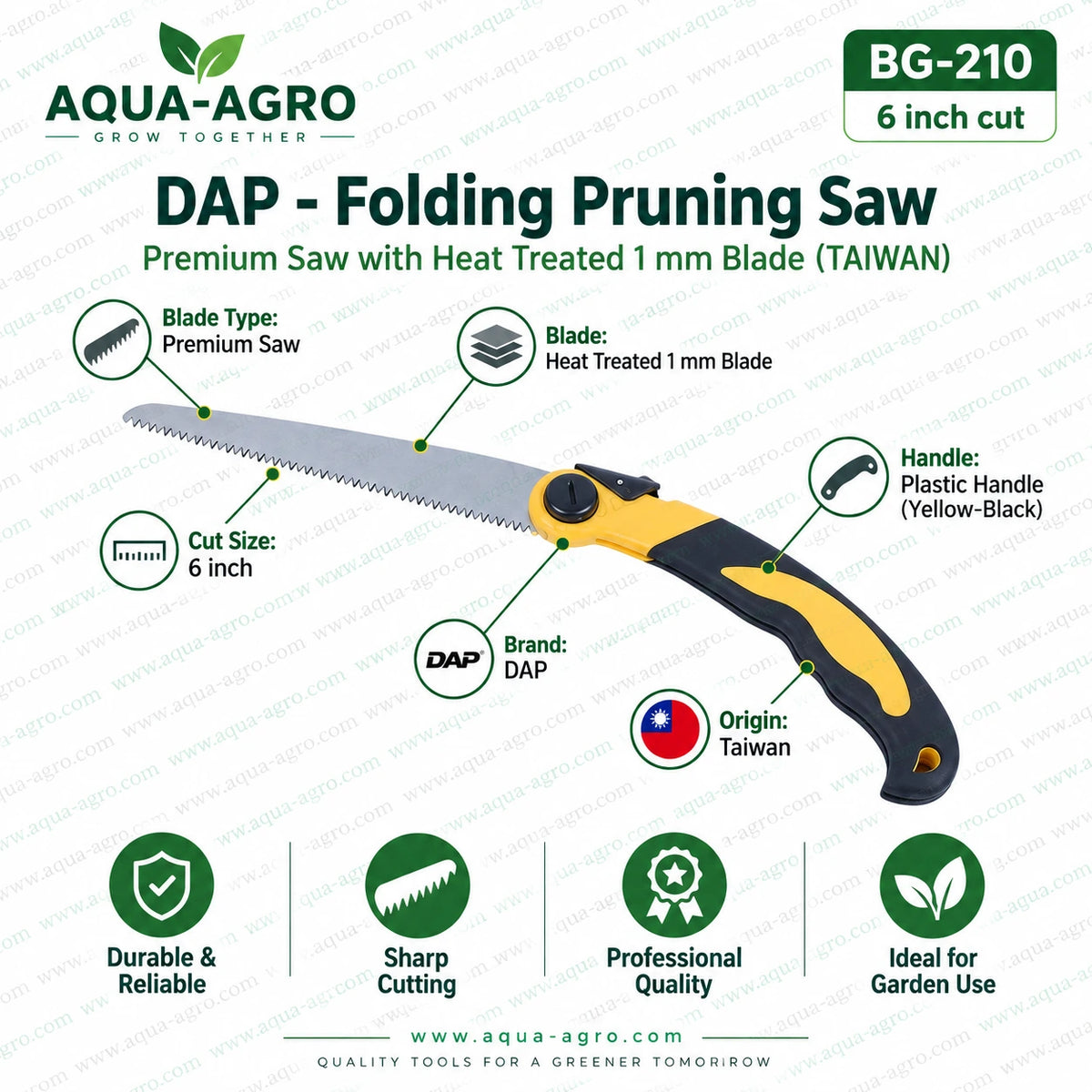DAP BG-210 premium folding pruning saw with heat treated 1 mm steel blade 6 inch cutting capacity and yellow black plastic handle for tree branch pruning