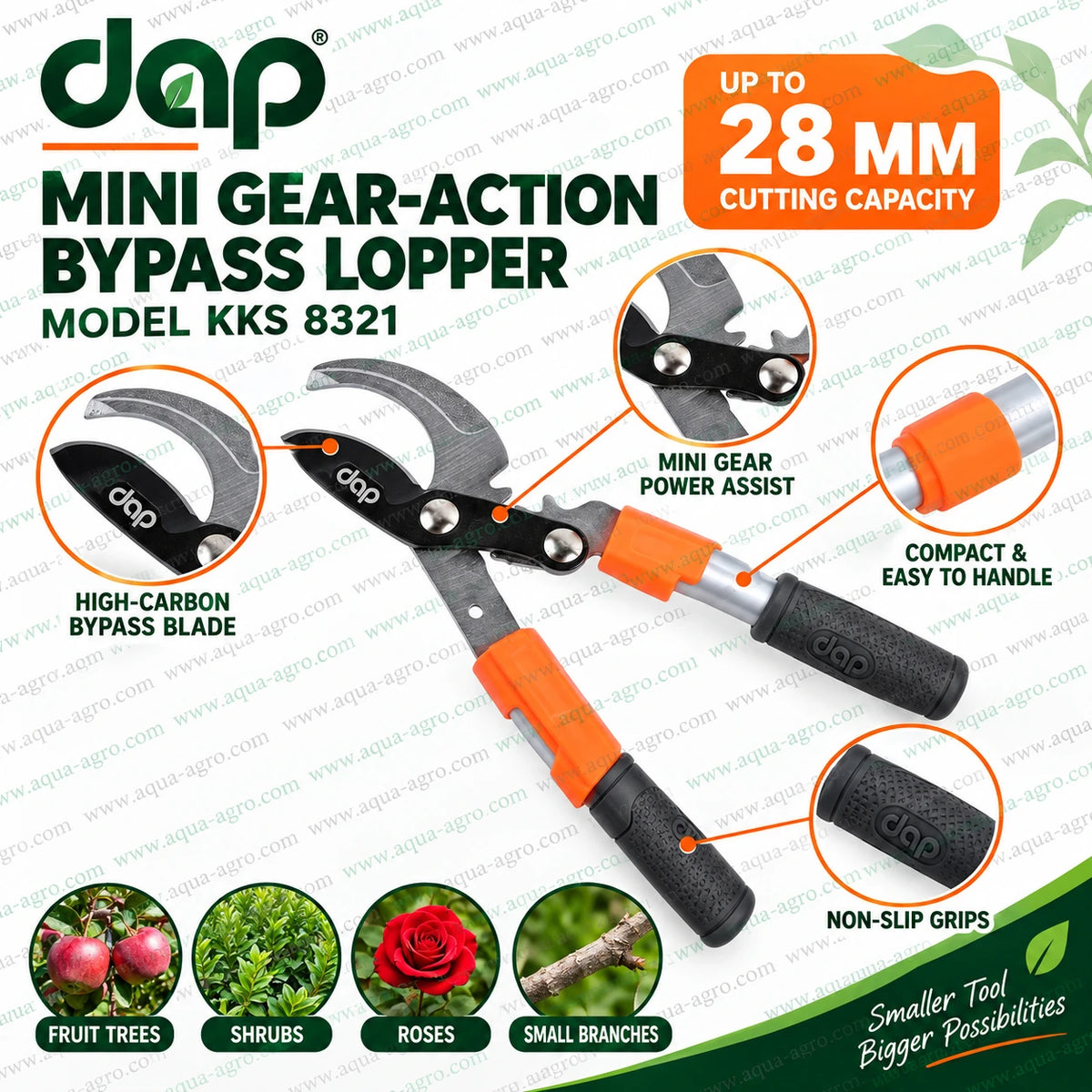 DAP KKS 8321 mini gear action bypass lopper use and care guide with high carbon steel blade 28mm cutting capacity mini gear power assist and ergonomic non slip grips for garden pruning