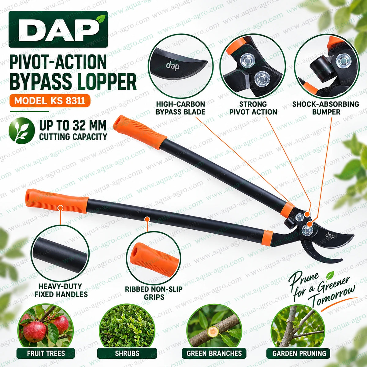 DAP KS 8311 high carbon bypass lopper use and care guide with 32mm cutting capacity pivot action two hand branch pruning blade cleaning oiling and maintenance instructions