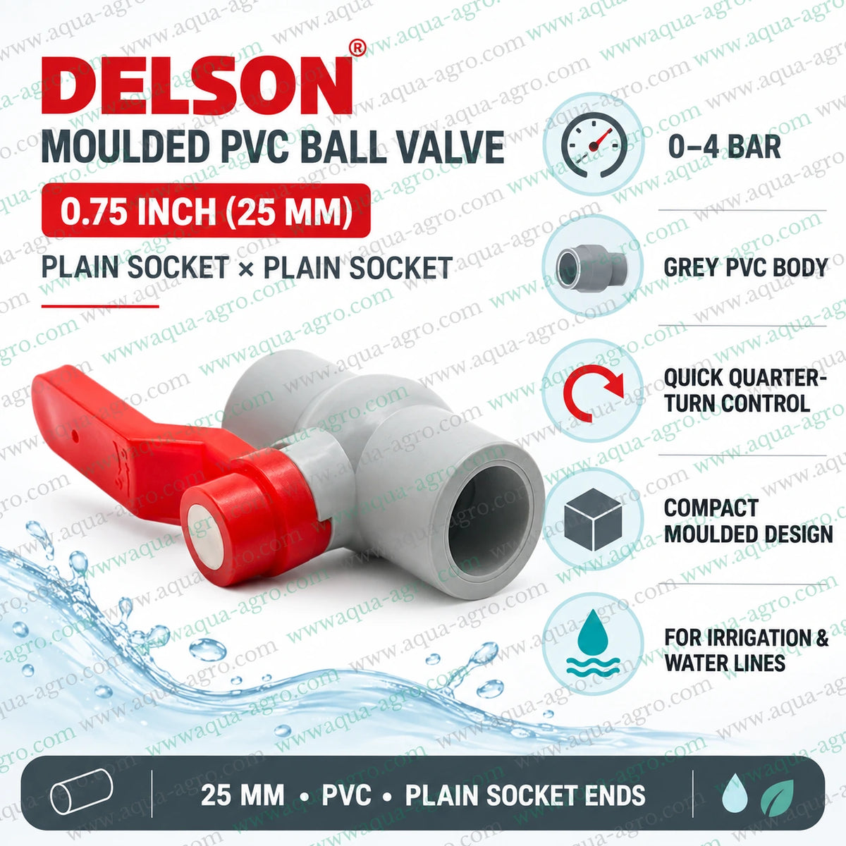 DELSON moulded PVC ball valve 0.75 inch 25mm plain socket ends 0 to 4 bar irrigation valve product specification
