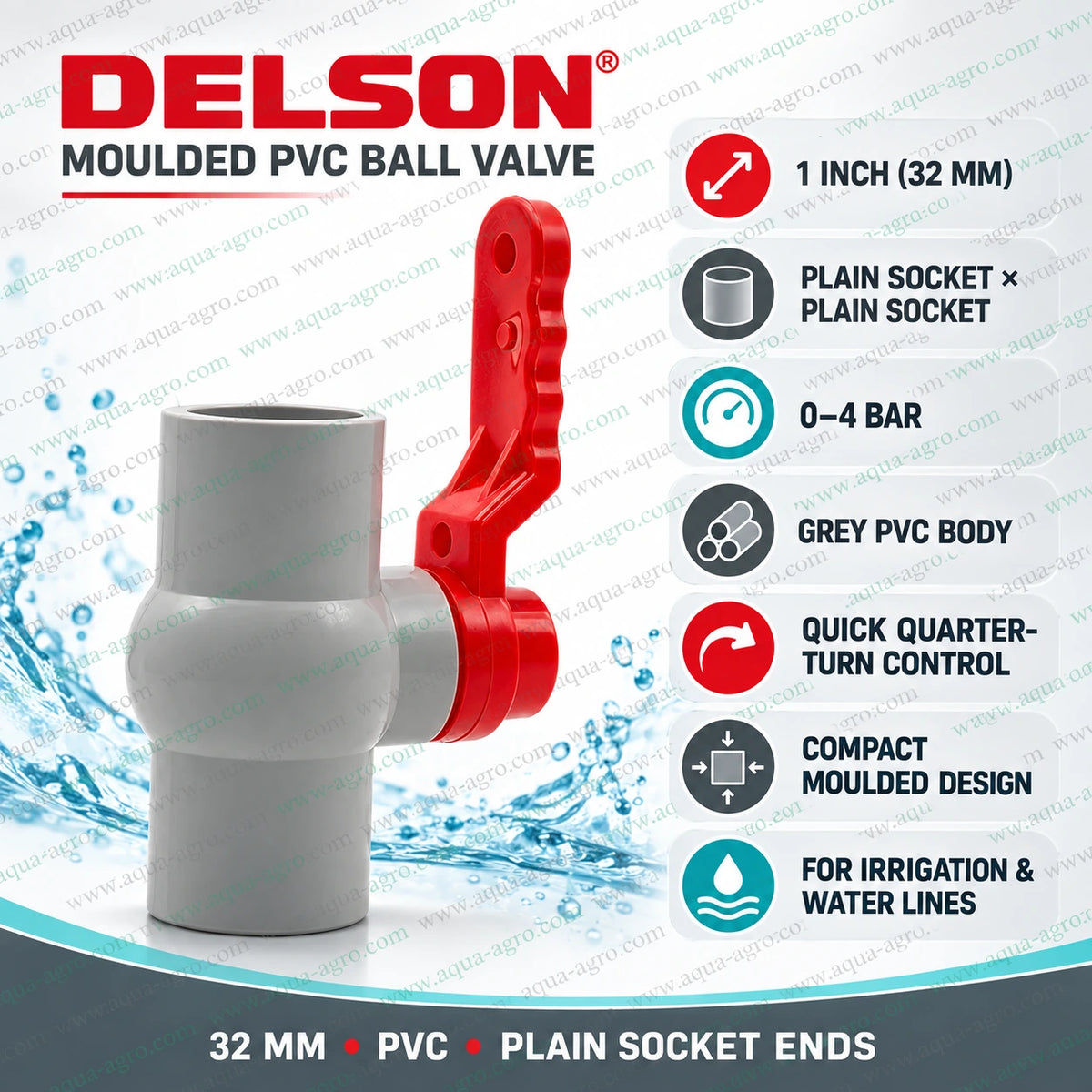 DELSON 1 inch 32mm moulded PVC ball valve installed in greenhouse irrigation pipeline for compact water flow control
