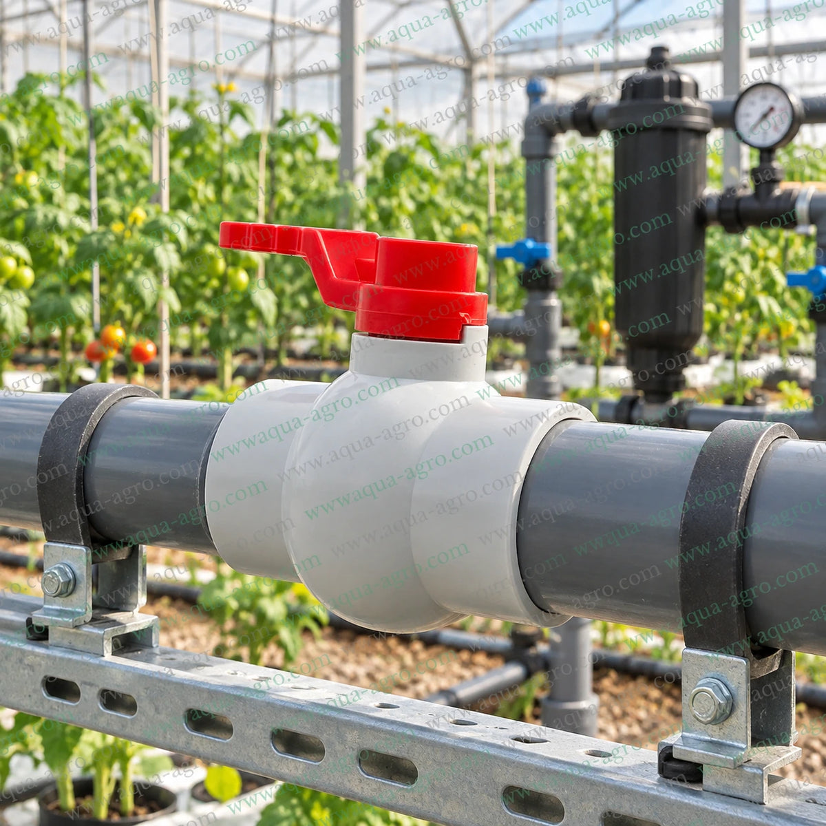 DELSON 1.25 inch 40mm moulded PVC ball valve installed in greenhouse irrigation pipeline for reliable water flow control
