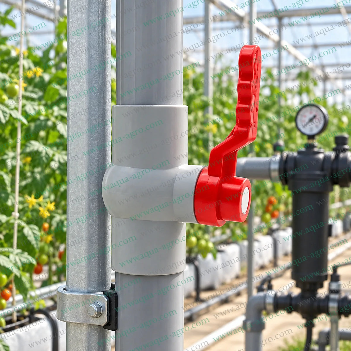 DELSON 1.5 inch 50mm moulded PVC ball valve installed in greenhouse irrigation pipeline for dependable water flow control