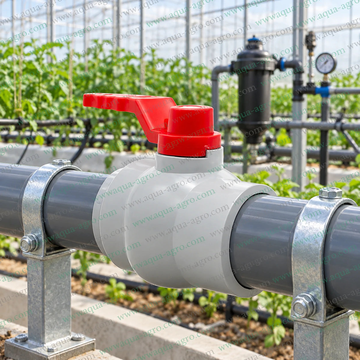 DELSON 2.5 inch (75mm) moulded PVC ball valve with plain socket × plain socket ends, grey PVC body, red quarter-turn handle, 0–4 bar pressure rating and large-bore design for irrigation and water supply pipelines