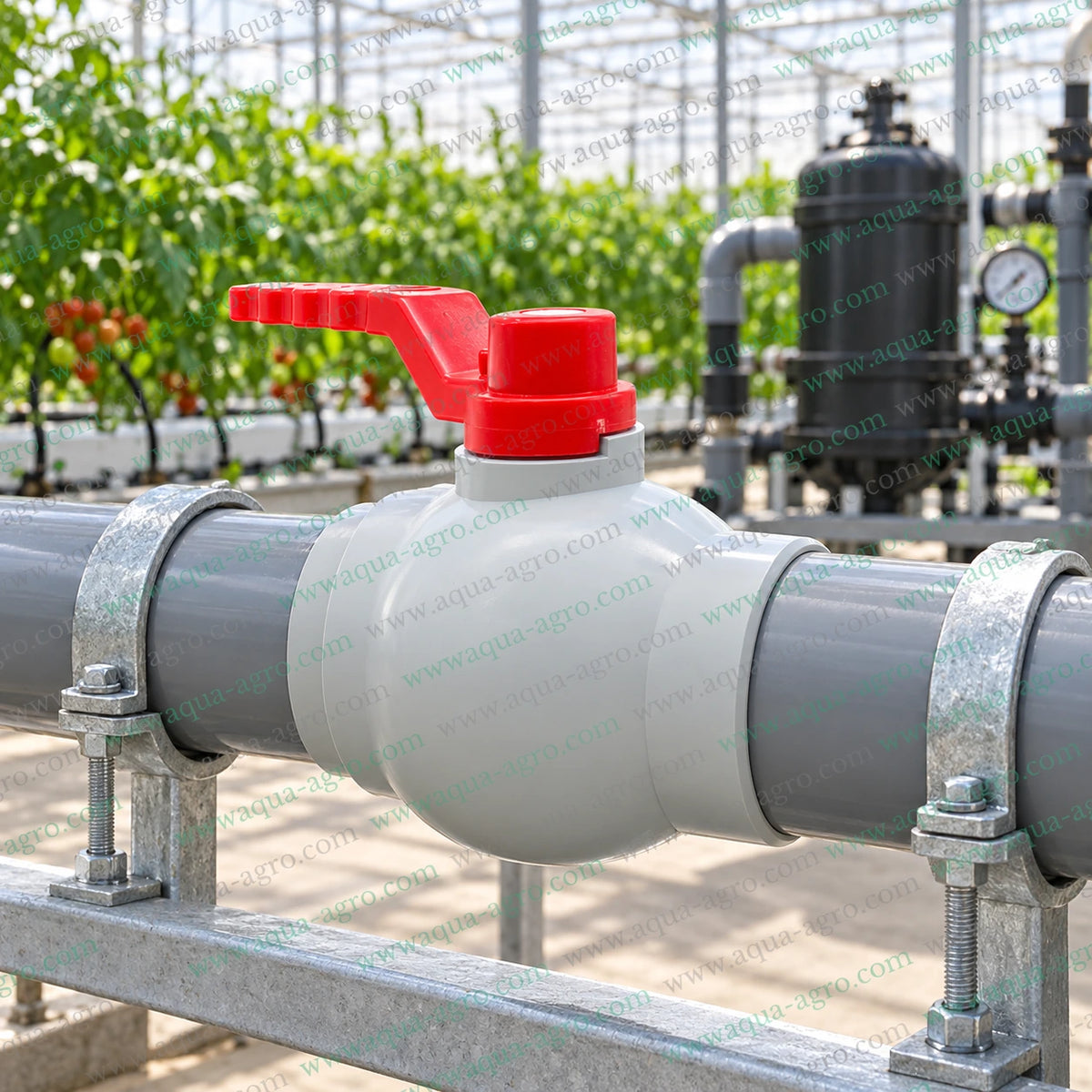 DELSON 3 inch (90mm) grey PVC moulded ball valve with red quarter-turn handle installed on a supported 90mm PVC irrigation pipeline in a greenhouse, designed for agricultural irrigation and water flow control
