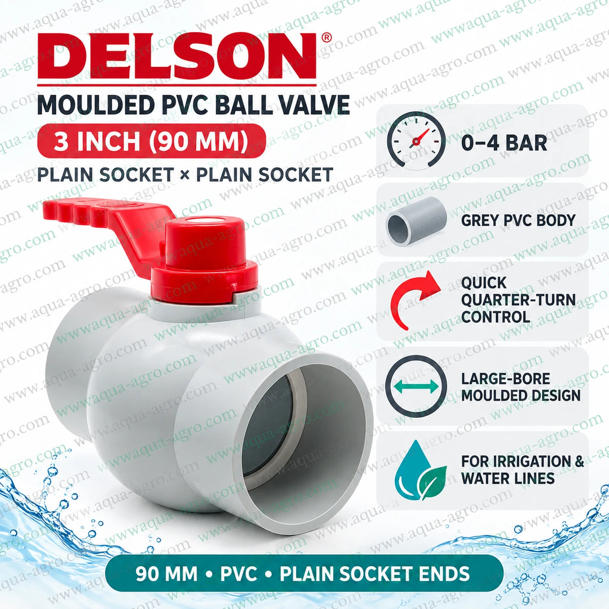 DELSON 90mm (3 inch) PVC moulded ball valve plain socket installation guide showing square pipe cutting, deburring, cleaning and drying, PVC solvent cement application, pipe insertion, alignment, support and curing for irrigation pipelines