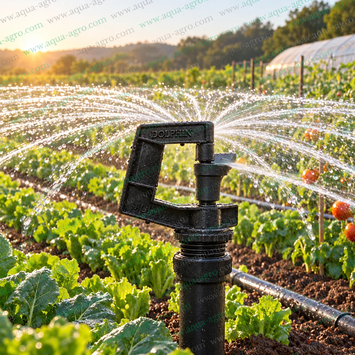 DOLPHIN Multi Plus micro sprinkler operating in vegetable farm with 360 degree full circle irrigation spray 12 to 20 feet radius and 0.5 inch 20mm male threaded inlet
