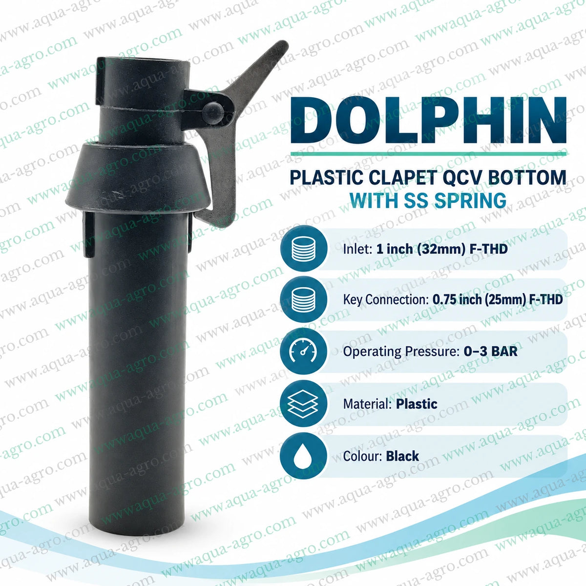 DOLPHIN quick coupling valve QRC QCV plastic clapet valve bottom with stainless steel spring 1 inch 32mm female threaded inlet 0.75 inch 25mm key connection and 0 to 3 bar operating pressure