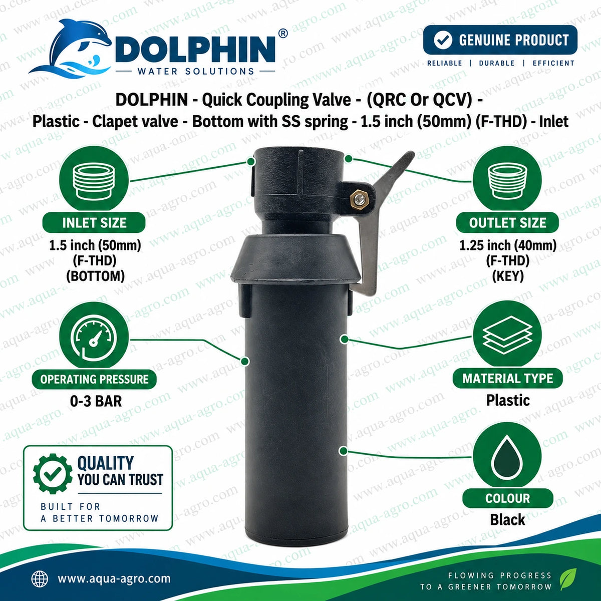 DOLPHIN QRC QCV plastic clapet valve bottom with stainless steel spring 1.5 inch 50mm female threaded inlet 1.25 inch 40mm outlet for agricultural sprinkler irrigation system
