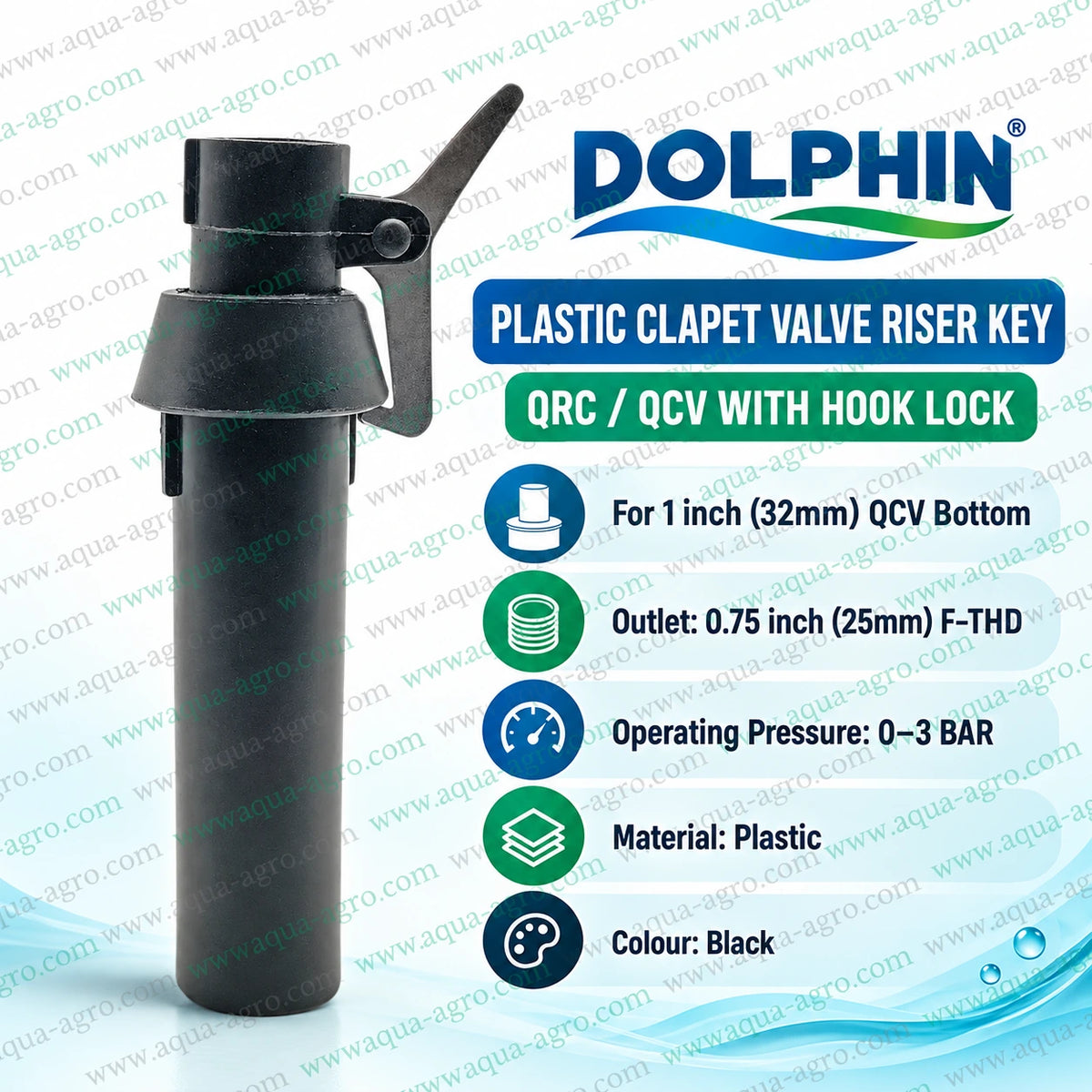 DOLPHIN QRC QCV plastic clapet valve riser key with secure hook lock 0.75 inch 25mm female threaded outlet for 1 inch 32mm quick coupling valve bottom irrigation system