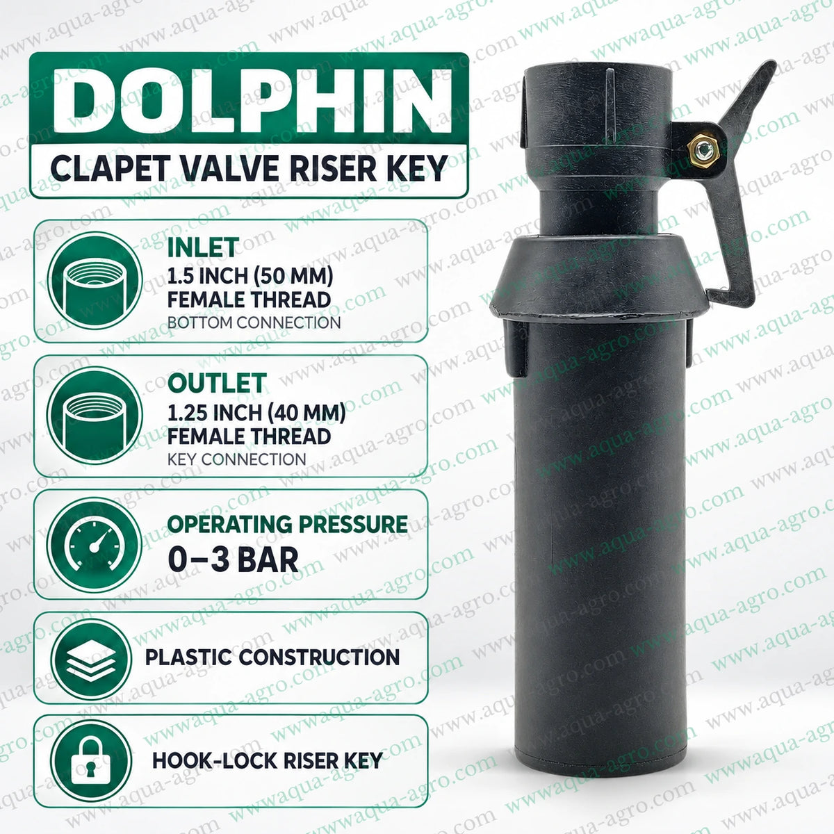 DOLPHIN plastic clapet valve riser key with hook lock for quick coupling valve QCV QRC featuring 1.5 inch female threaded bottom inlet 1.25 inch female threaded outlet and 0 to 3 bar operating pressure for agricultural irrigation systems