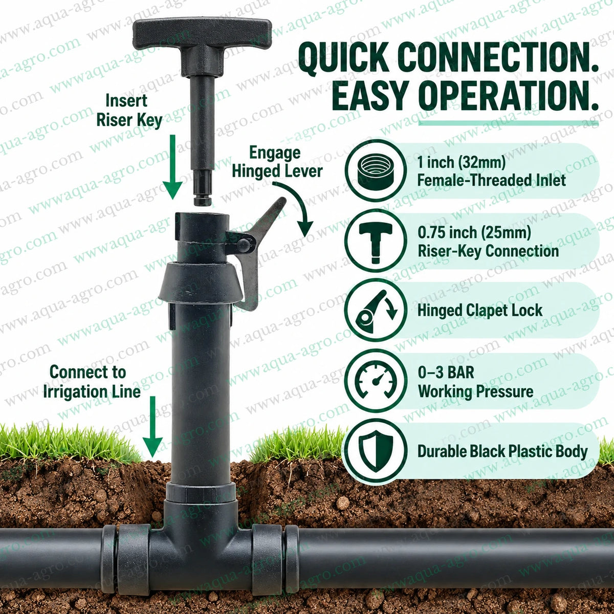 DOLPHIN plastic clapet quick coupling valve QRC QCV set with bottom valve and top riser key 1 inch 32mm female threaded inlet for agricultural sprinkler irrigation