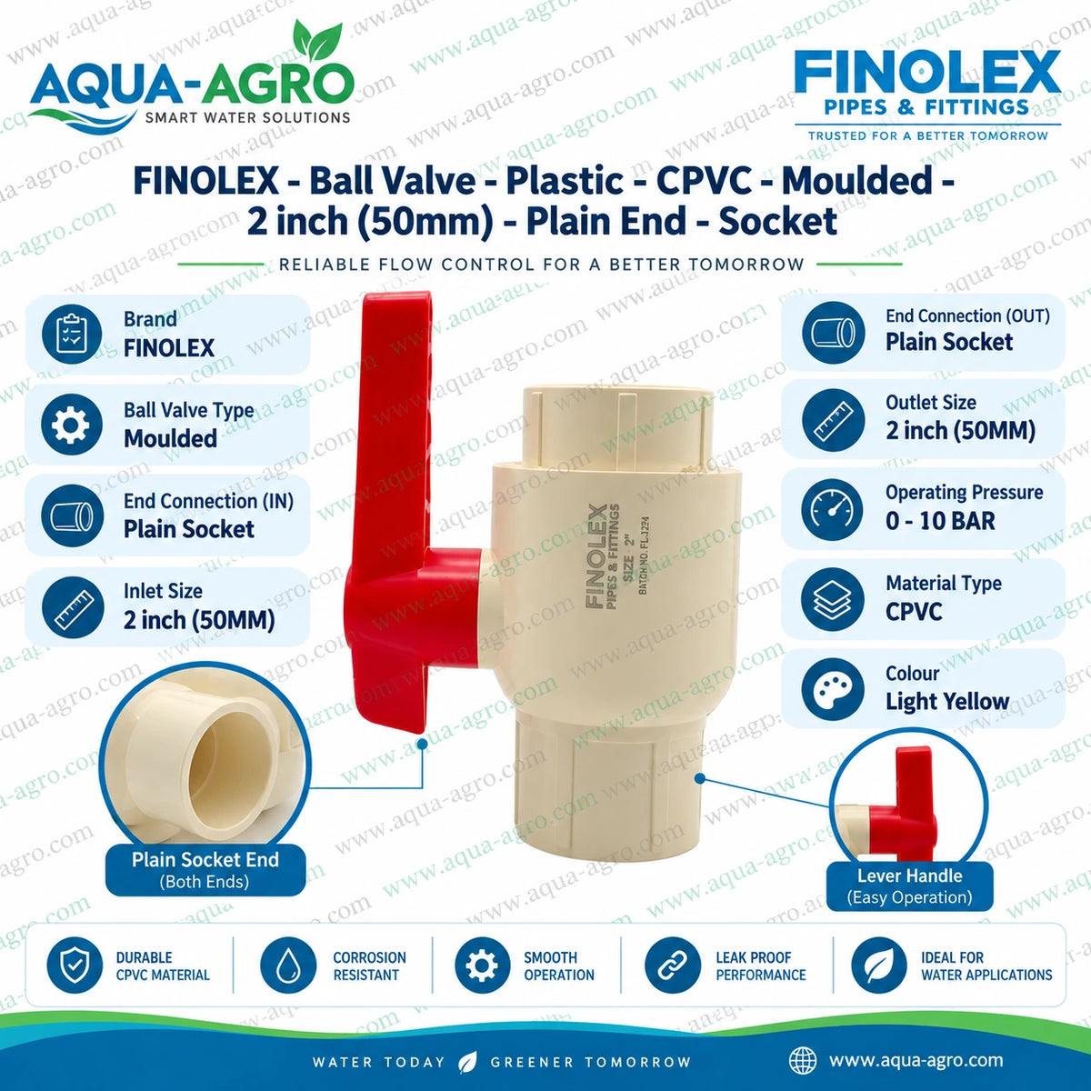Finolex 2 inch 50mm CPVC ball valve with plain socket ends red lever handle and 0 to 10 bar pressure rating for irrigation and plumbing