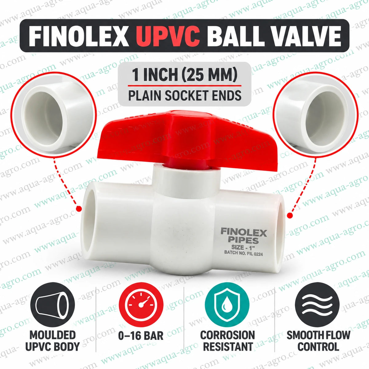 FINOLEX 1 inch 25mm UPVC moulded ball valve with red handle, plain socket ends and 0–16 bar pressure rating