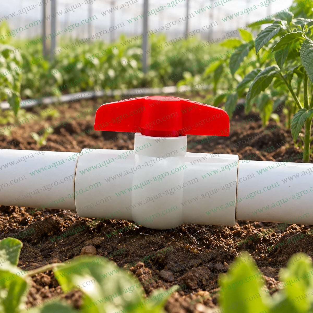 FINOLEX 2 inch 50mm UPVC ball valve installed on irrigation pipeline for agricultural farm and greenhouse water flow control