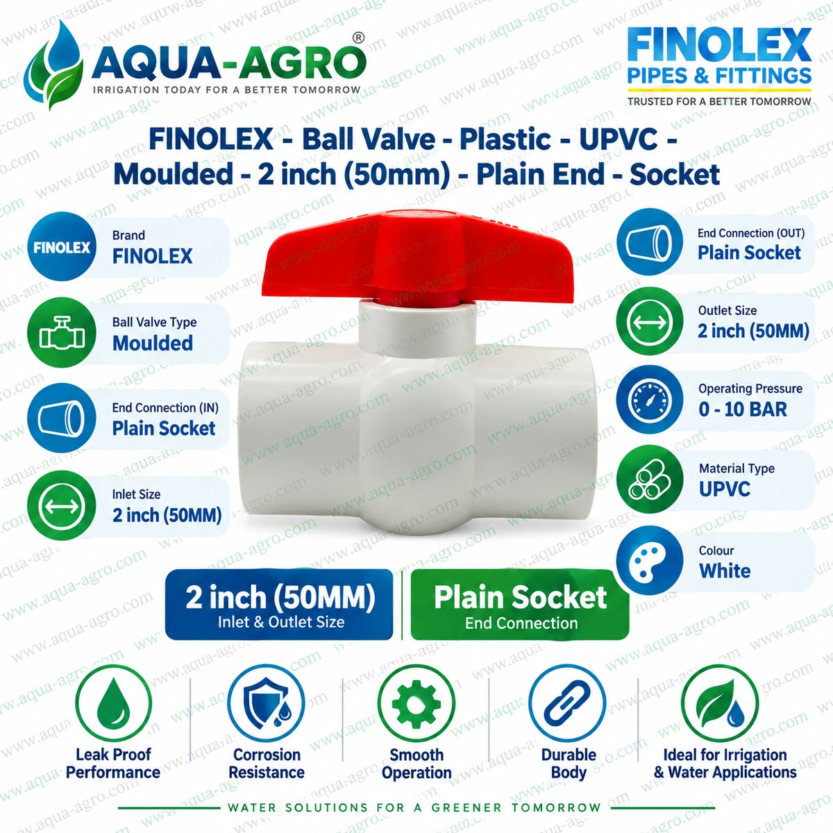 FINOLEX 2 inch 50mm UPVC moulded ball valve with plain socket ends, red handle, 0–10 bar operating pressure for irrigation and water supply