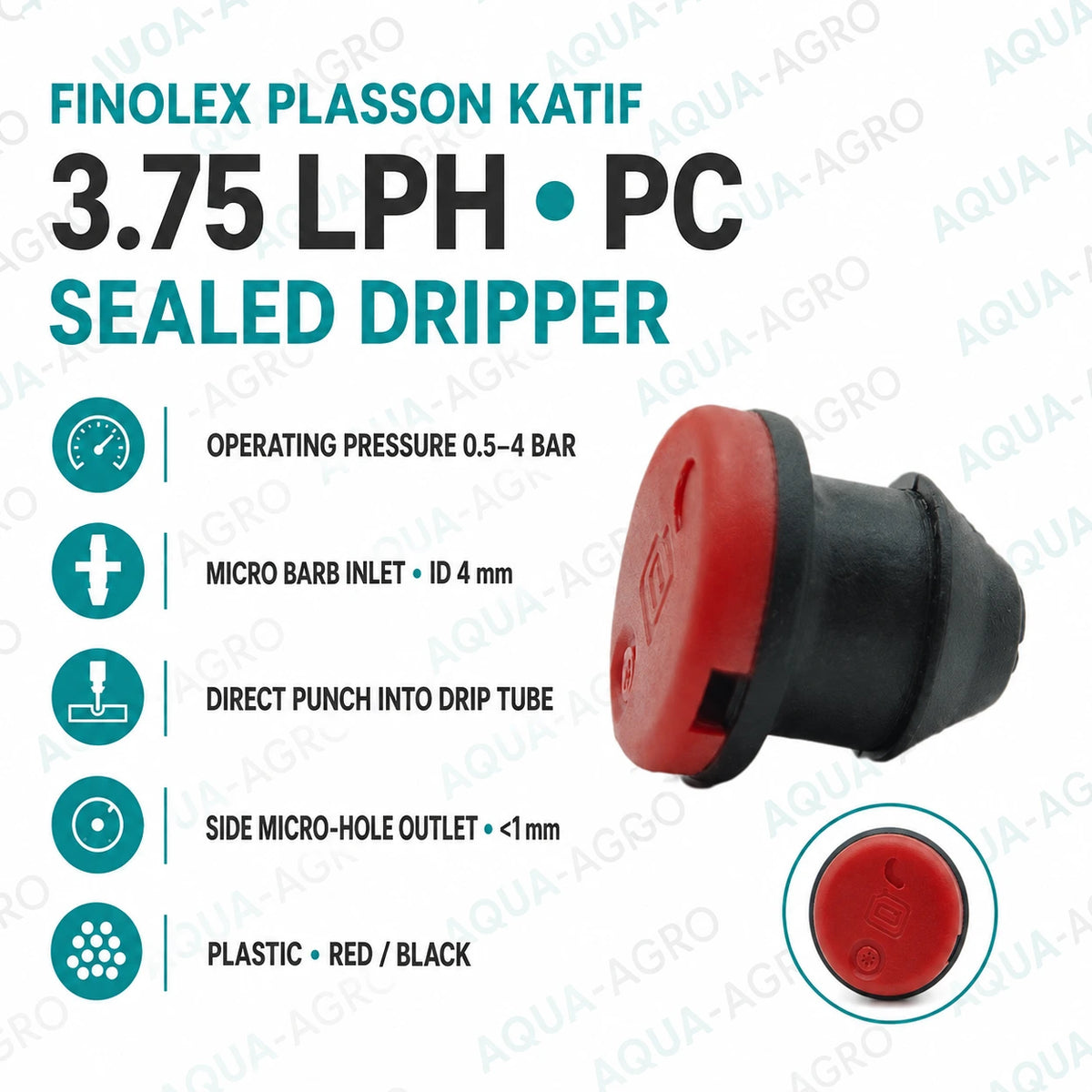FINOLEX PLASSON Katif 3.75 LPH pressure compensated sealed drip emitter with micro barb inlet and side outlet for drip irrigation