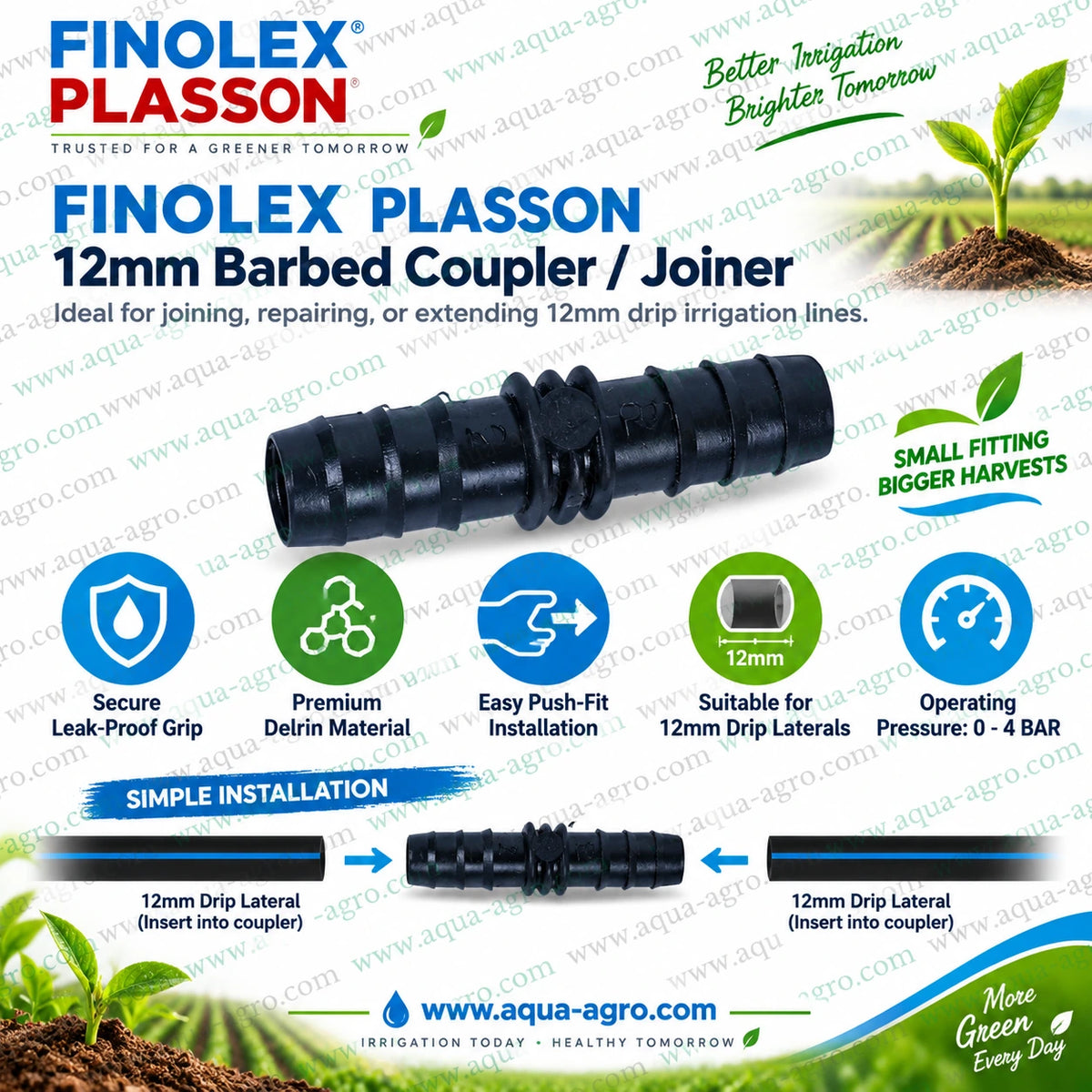 FINOLEX PLASSON premium 12mm barbed straight connector for joining repairing and extending drip irrigation lateral pipes with secure grip and easy installation
