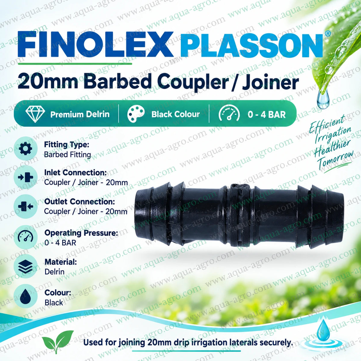 FINOLEX PLASSON 20mm black Delrin barbed coupler joiner for connecting drip irrigation lateral pipes with 0 to 4 bar operating pressure